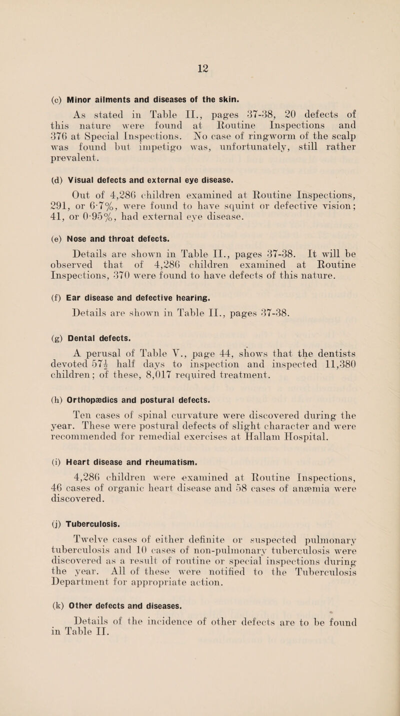 (c) Minor ailments and diseases of the skin. As stated in Table II., pages 37-38, 20 defects of this nature were found at Itontine Inspections and 376 at Special Inspections. jNTo case of ringworm of the scalp was found but impetigo was, nnfortnnately, still rather prevalent. (d) Visual defects and external eye disease. Out of 4,286 children examined at Hontine Inspections, 291, or 6-7%, were found to have squint or defective vision; 41, or 0-95%, had external eye disease. (e) Nose and throat defects. Details are shown in Table II., pages 37-38. It will be observed that of 4,286 children examined at Routine Inspections, 370 were found to have defects of this nature. (f) Ear disease and defective hearing. Details are shown in Table II., pages 37-38. (g) Dental defects. A perusal of Table Y., page 44, shows that the dentists devoted 57J half daj^s to inspection and inspected 11,380 children; of these, 8,017 required treatment. (h) Orthopaedics and postural defects. Ten cases of spinal curvature were discovered during the year. These were postural defects of slight character and were recommended for remedial exercises at Hallani Hospital. (i) Heart disease and rheumatism. 4,286 children were examined at Routine Inspections, 46 cases of organic heart disease and 58 cases of anaemia were discovered. (j) Tuberculosis. Twelve cases of either definite or suspected pulmonary tuberculosis and 10 cases of non-pulnionary tuberculosis were discovered as a result of routine or special inspections during the year. All of these were notified to the Tuberculosis Department for appropriate action. (k) Other defects and diseases. Details of the incidence of other defects are to be found in Table II.