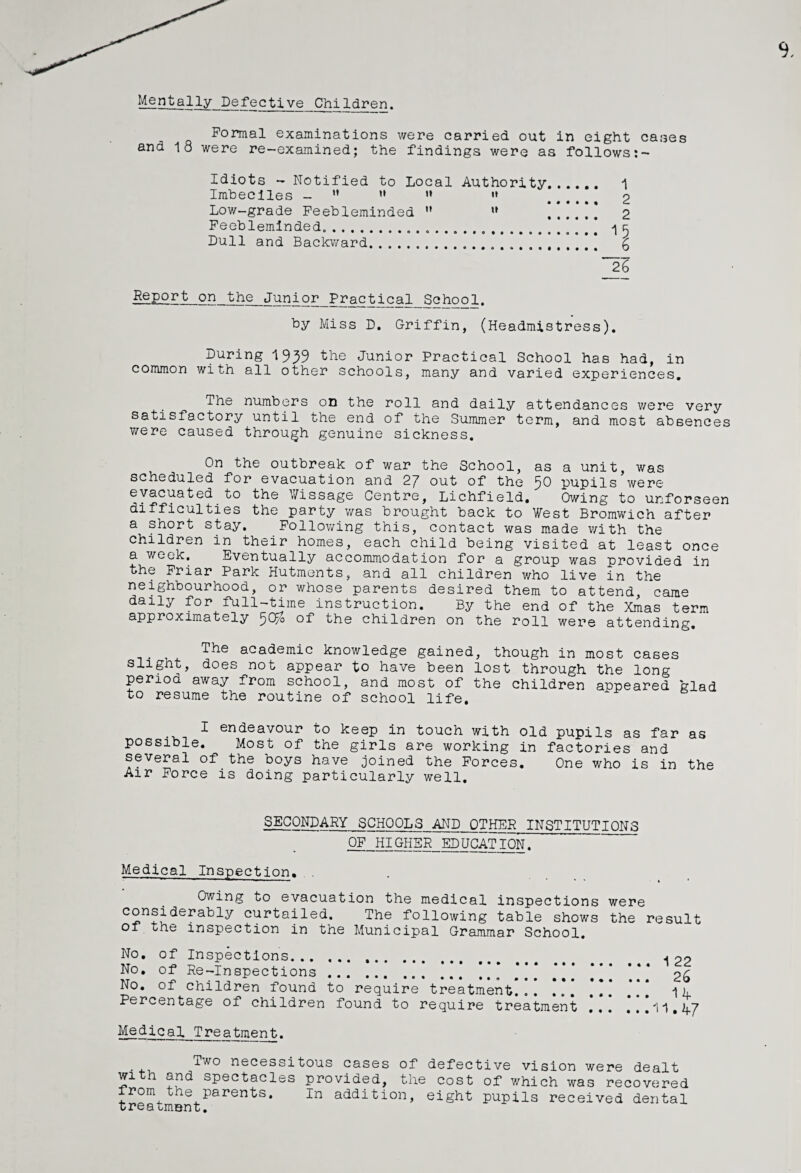Mentally Defective Children. Formal examinations were carried out in eight canes and 18 were re-examined; the findings were as follows Idiots — Notified to Local Authority.. 1 Imbeciles -  '• « «» . 2 Low-grade Feebleminded ” . 2 Feebleminded....,.1 5 Dull and Backward..... £ Report on the Junior_Practica2_f2j2g£2l- by Miss D. Griffin, (Headmistress). During 1939 the Junior Practical School has had, in common with all other schools, many and varied experiences. The numbers on the roll and daily attendances v/ere very satisfactory until the end of the Summer term, and most absences were caused through genuine sickness. On the outbreak of war the School, as a unit was scheduled for evacuation and 2/ out of the 50 pupils were evacuated to the V/issage Centre, Lichfield, Owing to unforseen difficulties the party was brought back to West Bromwich after a short stay. Following this, contact was made with the children in their homes, each child being visited at least once a week. Eventually accommodation for a group was provided in the Friar Park Hutments, and all children who live in the neighbourhood, or whose parents desired them to attend, came daily for full-time instruction. By the end of the Xmas term approximately $Oyo of the children on the roll were attending. The academic knowledge gained, though in most cases slight, does not appear to have been lost through the long period away from school, and most of the children appeared glad to resume the routine of school life. I endeavour to keep in touch with old pupils as far as possible. Most of the girls are working in factories and several of the boys have joined the Forces. One who is in the Air Force is doing particularly well. SECONDARY SCHOOLS AND OTHER INSTITUTIONS OF.HIGHER ED UCAT ION. Medical Inspection. . Owing to evacuation the medical inspections were considerabiy curtailed. The following table shows the result 01 the inspection in the Municipal Grammar School. No. of Inspections. A 22 No. of Re-Inspections. *,* *** *** * * * *** 26 No. of children found to require treatment. Ik Percentage of children found to require treatment .11.47 Medical Treatment. Two necessitous cases of defective vision were dealt with and spectacles provided, the cost of which was recovered from the parents. in addition, eight pupils received dental