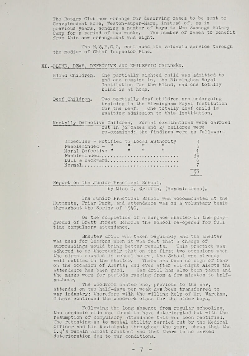 The Rotary Club now arrange for deserving cases to be sent to Convalescent Home, Weston-super-Mare, instead of, as in previous years, sending a number of boys, to the Swanage Rotary Camp for a period of two weeks. The number of cases to benefit from this new arrangement was eight. The N. S. P. C.C. continued its valuable service through the medium of Chief Inspector Pine. XI. -BLIND, DEAF, DEFECTIVE AND EPILEPTIC CHILDREN. Blind Children. One partially sighted child was admitted to and one remains in, the Birmingham Royal Institution for the Blind, and one totally blind is at home. Deaf Children. Two partially deaf children are undergoing training in the Birmingham Royal Institution for the Deaf. On.e totally deaf child is awaiting admission to this Institution. Mentally Defective Children. Formal examinations were carried out in cases and 27 children were re-examined; the findings were as follows:- Imbeciles - Notified to Local Authority Feebleminded - ” '* H  Moral Defective ” 11 ”  Feebleminded.... Dull & Backward......................... Normal..... ; b 1 2 ■59 Report on the Junior Practical School. by Miss D. (griffin, (Headmistress). The Junior Practical School was accommodated at the Hutments, Friar Park, and attendance was on a voluntary basis throughout the Spring of 1 9A0. On the completion of a surface shelter in the play¬ ground of Bratt Street Schools the school re-opened for full time compulsory attendance. Shelter drill was taken regularly and the shelter was used for lessons when it was felt that a change of surroundings would bring better results. This practice was adhered to so thoroughly that on the first two occasions when the sirens sounded in school hours, the School was already well settled in the shelter. There has been no sign of fear on the occasion of Alerts; and even after all-night Alerts the attendance has been good. Gas drill has also been taken and the masks worn for periods ranging from a few minutes to half- an -hour. The woodwork master who, previous to the war, attended on two half-days per week has-been transferred to war industry; therefore with the willing help of Mr. Wareham, I have continued the woodwork class for the older boys. Following the long absence from regular schooling, the academic side was found to have deteriorated but with the resumption of compulsory attendance this was soon rectified. The retesting as to mental ability carried out by the Medical Officer and his Assistants throughout the year, shows that the I.Q’s remain almost constant and that there is no marked deterioration due to war conditions. 7