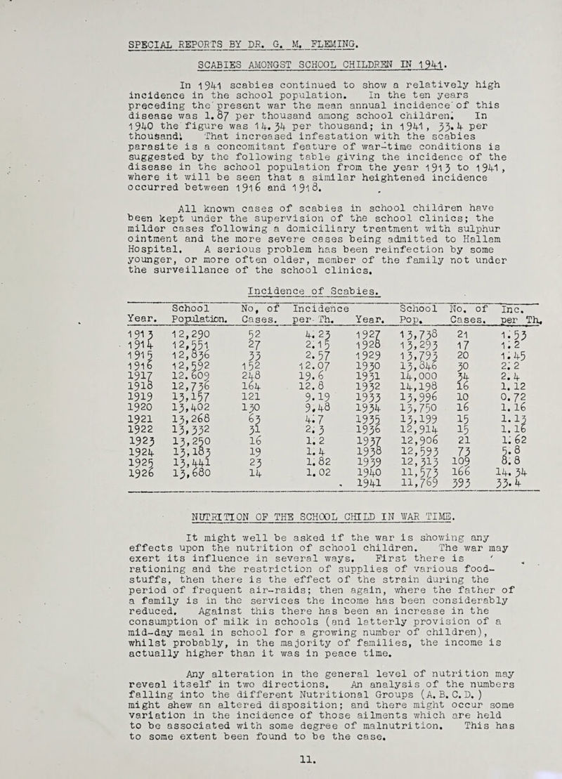SPECIAL REPORTS BY DR. G. M. FLEMING. SCABIES AMONGST SCHOOL CHILDREN IN 1941. In i941 scabies continued to show a relatively high incidence in the school population. In the ten years preceding the'present war the mean annual incidence'of this disease was 1.87 per thousand among school children. In 1940 the figure was 1 4. 34 per thousand; in 1941, 33.4 per thousand! That increased infestation with the scabies parasite is a concomitant feature of war-time conditions is suggested by the following table giving the incidence of the disease in the school population from the year 1913 to 1941, where it will be seen that a similar heightened incidence occurred between 1916 and 1 91 8. All known cases of scabies in school children have been kept under the supervision of the school clinics; the milder cases following a domiciliary treatment with sulphur ointment and the more severe cases being admitted to Hallam Hospital, A serious problem has been reinfection by some younger, or more often older, member of the family not under the surveillance of the school clinics. Incidence of Scabies. Year. School Population. No, of Incidence Gases. per- Th. Year. 1913 12,290 52 4. 23 1914 12,551 27 2.15 1915 12,836 33 2.57 1916 12,592 152 12.07 1917 12.609 248 19. 6 1918 12,736 164 12. 8 1919 13,157 121 9.19 1920 13,402 130 9.48 1921 13,268 63 4.7 1922 13,332 31 2.3 1923 13,250 16 1.2 1924 13,183 19 1.4 1925 13,441 23 1. 82 1926 13,680 14 1. 02 192 7 1928 1929 1930 1931 1932 1933 1934 1939 1936 1937 1938 1939 1940 1941 School Pop. 13,73S 13,293 13,793 13,846 14,000 14.198 13,996 13,750 13.199 12,914 12,906 12,593 12,313 n,573 11,769 No. of Inc. Gases, per Th, 2l 1.53 17 1.2 20 1.45 30 2. 2 34 2.4 16 1.12 10 0.72 16 1.16 15 15 21 73 109 166 393 !-!3 1.16 1; 62 .8 .8 14. 34 33.4 NUTRITION OF THE SCHOOL CHILD IN WAR TIMS. It might well be asked if the war is showing any effects upon the nutrition of school children. The war may exert its influence in several ways. First there is rationing and the restriction of supplies of various food¬ stuffs, then there is the effect of the strain during the period of frequent air-raids; then again, where the father of a family is in the services the income has been considerably reduced. Against this there has been an increase in the consumption of milk in schools (and latterly provision of a mid-day meal in school for a growing number of children), whilst probably, in the majority of families, the income is actually higher than it was in peace time. Any alteration in the general level of nutrition may reveal itself in two directions. An analysis of the numbers falling into the different Nutritional Groups (A. B. C.D, ) might shew an altered disposition; and there might occur some variation in the incidence of those ailments which are held to be associated with some degree of malnutrition. This has to some extent been found to be the case. 11