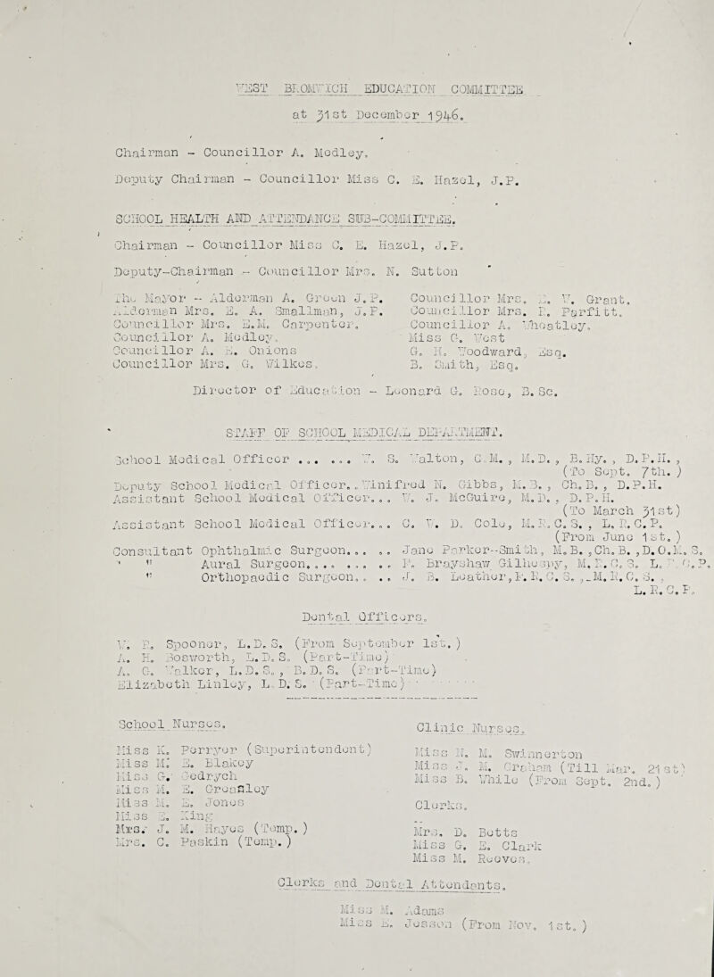Y7EST BROMVTICH EDUCATION COMMITTEE, at 5let Decembor i 94.6„ Chairman - Councillor A. Medley, Deputy Chairman - Councillor Miss C. E. Hazel, J.P. SCHOOL HEALTH AMD ATTENDANCE SBB-COMIUTTES. Chairman - Councillor Miss C. E. Hazel, J.P. Deputy-Chairman - Councillor Mrs, N. Sutton the Mayor - Alderman A, Green J.P. alderman Mrs. E. A. Smallman, J.P. Councillor Mrs. E.M, Carpenter. Counci 11 or A. Medley. Councillor A. E. Onions Councillor Mrs. G. \7ilkes. Councillor Mrs. E. V. Grant, Councillor Mrs. P. Pprfitt. C o un c i 11 o r A. ' 7h 0 a t ley. Miss G. Host G To 11 o TO D Hoodward, „ Smith, Esq, iq. Director of Education - Leonard G. Pose, B.Sc. STAFF OF SCHOOL MEDICAL DEPARTMENT. School Medical Officer ... ... 7. S. alton, CM. , M.D. , B. fly. , D. P.H. , (To Sept. 7th. ) Deputy School Medical Officer. . Minifrod N. Gibbs, M. 3. , Gh.B. , D.P.H. Assistant School Medical Officer Y. J. McGuire, M. D. . D. P.H. P r* o j. 1 o o (To March 51st) istant School Medical Officer... C. Y/. D. Colo, M. R. C. 3. , L, P. C. P. (Prom June 1st.) Jane Porker-Smith, M, B.,Ch.B. ,D.0.M. F„ Brayshaw Gillie spy, M. P. 0. 3. Le < J. B. Leather, P. P. C. S. , _M. P. G. S. . L.R. Consultant Ophthalmic Surgeon 1 ,J Aural Surgeon 11 Orthopaedic Surgeon. . . 1 9 O 8 0 9 LOO 9 0 9 -1 0 OO n p ! in 2 1 o i • o A. Gc Do n t a 1 Of f i c or s. Spooner, L.D.3. (From September las.) Bosworth, L. D. S. (Part-Tiine) Yalkor, L.D.S., ‘ B. D.S. (Part-Time) Elizabeth Lin ley, L.. D. S. • (Part-Time) - School Nurses, Miss 0 i,.A 1— i Per r yer (Superintendent Mi ss m: E. Blakoy Hiss r* - 'EY 0 Gedrych Mi s s M. E. Groanley Miss M. E. Jones 11 j. 3 s —J 0 Kin 0 Mrs.' J. M. Hayes (Temp.) LiJ*S . C. Paskin (Temp. ) - \ Clinic Nurses. T.,T a r < ri 7 T J • ^ -L L—) J. <j 0 M. Swlnnerton Miss J. M. _ Graham (Till Mar. 21 Miss B. Philo (From Sept. 2nd. ) Clerks. Mrs. D. Betts Miss G. E. Clark Miss M. Reeves, Clerks and Dental Attendants, Mi ss k. Miss E„ Adams Jus son (Prom Nov. 1st.)