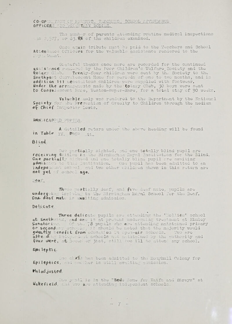 CO-OP - T tT_CF_FAt ENTS, TEACH! E OPFlCERS ' IIP VOLUNTARY BODIES. SCHOOL ATTENDANCE - r- -) xOT Attendance Tho number of parents attending routine medical inspection or 63.,$$ of the children examined. Once again tribute must be paid to the Teachers and School Officers for the valuable assistance rendered to the rs sis t Ro t A C\7 Grateful thanks once more are recorded for the continued anee rendered by the Poor Children’s Welfare.Society and the Club. Twenty-four children wo re sent by tin. Society to the Sou th |>0 i* Xj 0onv q 1 rJ c ent Home for periods of one to two months, and in addition 111 necessitous children■were supplied with footwear. Under th.e arrangements made by the' Rotary Club, yO boys wore sent to Convalescent Hone, Weston-super-Mare, for a total stay of 90 weeks. Valuable nelp was rendered to the Department by the National Society for due Prevention of Cruelty to Children through the medium of Chief Inspector Lewis, U«!VDT CAPPED _ PI iP IDS, A detailed re-turn under the above heading will bo found in Table 3Page fi Blind: % One partially sighted, and one totally'blind pupil are recfciving tuition in the Birmingham Royal Institution for the Blind. 0ne partially sighted and one totally blind pupil are awaiting admission to this Institution. One pupil has been admitted to an i hdep^r.L nr, school., and two other children shown in this return are not y-et of school age. Deaf. There part ially deaf, and fi Vo deaf mute, pupils are undergoing trailing in the Birmingham Royal School for the Deaf. Onxs deaf mute- is availing admission. D© II Cate Three deli cate pupils are attending the ’'Hollies’1 school at Smethwick, and or0 is at present- undergoing treatment at Himley Sanatorium. Of uh,, Jd pupils who are attending maintained primary or secondary schools, it- should be noted thet the majority would gtfciyfcty benefit from educate on in open-air schools. Two are attending indop-rdent schools net maintained by the authority and four iAe^e, at- Do cun' or' y\ st, still r-oo ill to attune any school. Epi lepiri c One cL Epileptics, and .*3d ha.s boon admitted to the Monyhull Colony for one her is still own'-ting; admission. Maladjusted One pupi Wakef i e 1 d, a,nd iwo is in the ’ Bede Home for Cl.'Q attending independent Waifs and Strays” at schools,