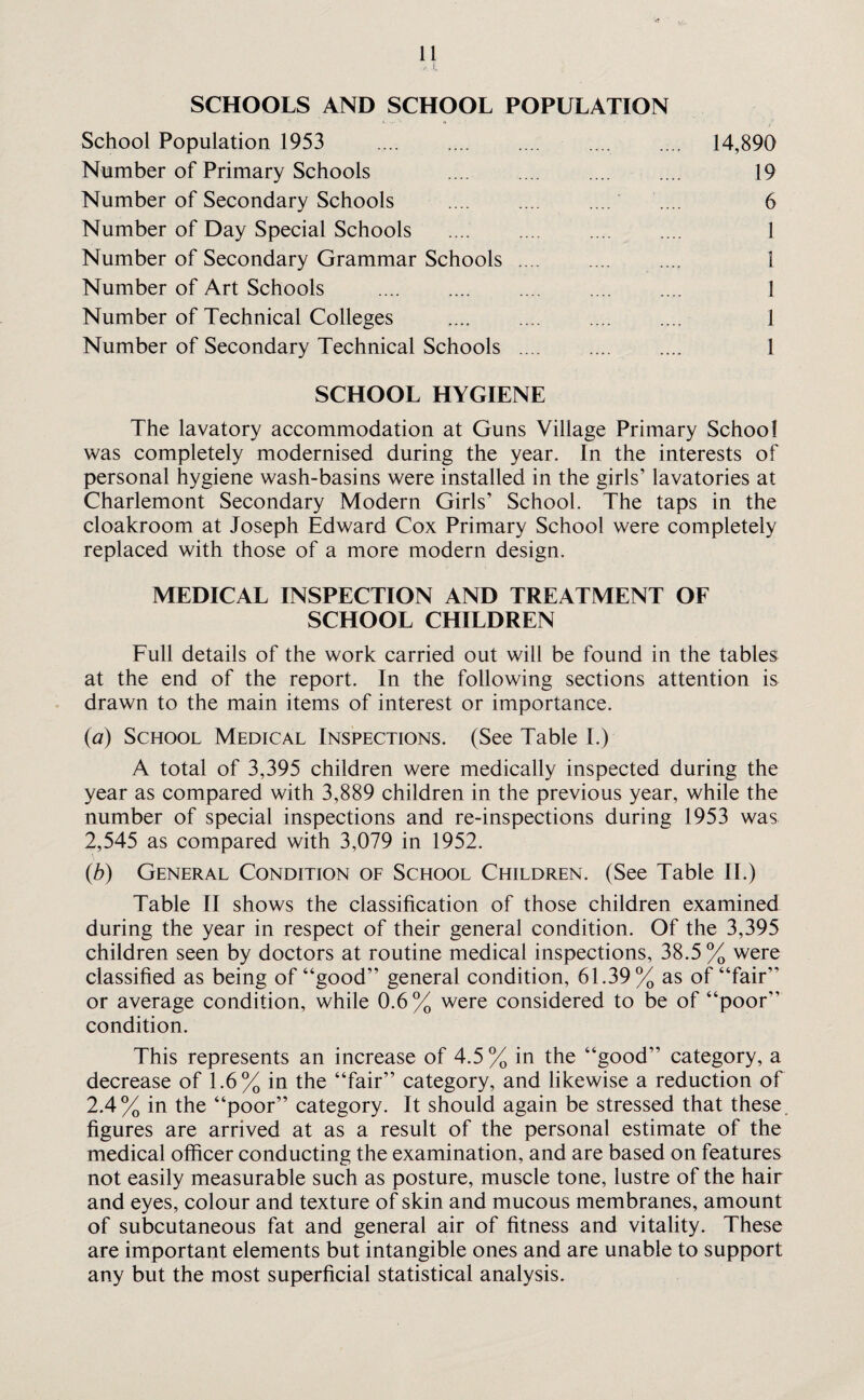 , l SCHOOLS AND SCHOOL POPULATION School Population 1953 . .... 14,890 Number of Primary Schools . 19 Number of Secondary Schools . 6 Number of Day Special Schools . 1 Number of Secondary Grammar Schools. 1 Number of Art Schools . 1 Number of Technical Colleges .... .... .... .... 1 Number of Secondary Technical Schools . 1 SCHOOL HYGIENE The lavatory accommodation at Guns Village Primary School was completely modernised during the year. In the interests of personal hygiene wash-basins were installed in the girls’ lavatories at Charlemont Secondary Modern Girls’ School. The taps in the cloakroom at Joseph Edward Cox Primary School were completely replaced with those of a more modern design. MEDICAL INSPECTION AND TREATMENT OF SCHOOL CHILDREN Full details of the work carried out will be found in the tables at the end of the report. In the following sections attention is drawn to the main items of interest or importance. {a) School Medical Inspections. (See Table I.) A total of 3,395 children were medically inspected during the year as compared with 3,889 children in the previous year, while the number of special inspections and re-inspections during 1953 was 2,545 as compared with 3,079 in 1952. (b) General Condition of School Children. (See Table II.) Table II shows the classification of those children examined during the year in respect of their general condition. Of the 3,395 children seen by doctors at routine medical inspections, 38.5% were classified as being of “good” general condition, 61.39% as of “fair” or average condition, while 0.6% were considered to be of “poor” condition. This represents an increase of 4.5 % in the “good” category, a decrease of 1.6% in the “fair” category, and likewise a reduction of 2.4% in the “poor” category. It should again be stressed that these figures are arrived at as a result of the personal estimate of the medical officer conducting the examination, and are based on features not easily measurable such as posture, muscle tone, lustre of the hair and eyes, colour and texture of skin and mucous membranes, amount of subcutaneous fat and general air of fitness and vitality. These are important elements but intangible ones and are unable to support any but the most superficial statistical analysis.