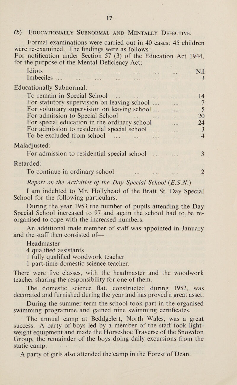 (b) Educationally Subnormal and Mentally Defective. Formal examinations were carried out in 40 cases; 45 children were re-examined. The findings were as follows: For notification under Section 57 (3) of the Education Act 1944, for the purpose of the Mental Deficiency Act: Idiots . Nil Imbeciles .... .... .... .... .... .... .... 3 Educationally Subnormal: To remain in Special School .... .... .... .... 14 For statutory supervision on leaving school .... .... 7 For voluntary supervision on leaving school .... .... 5 For admission to Special School .... .... .... 20 For special education in the ordinary school .... 24 For admission to residential special school .... .... 3 To be excluded from school .... .... .... .... 4 Maladjusted: For admission to residential special school .... .... 3 Retarded: To continue in ordinary school .... .... .... 2 Report on the Activities of the Day Special School (E.S.N.) I am indebted to Mr. Hollyhead of the Bratt St. Day Special School for the following particulars. During the year 1953 the number of pupils attending the Day Special School increased to 97 and again the school had to be re¬ organised to cope with the increased numbers. An additional male member of staff was appointed in January and the staff then consisted of— Headmaster 4 qualified assistants 1 fully qualified woodwork teacher 1 part-time domestic science teacher. There were five classes, with the headmaster and the woodwork teacher sharing the responsibility for one of them. The domestic science flat, constructed during 1952, was decorated and furnished during the year and has proved a great asset. During the summer term the school took part in the organised swimming programme and gained nine swimming certificates. The annual camp at Beddgelert, North Wales, was a great success. A party of boys led by a member of the staff took light¬ weight equipment and made the Horseshoe Traverse of the Snowdon Group, the remainder of the boys doing daily excursions from the static camp. A party of girls also attended the camp in the Forest of Dean.
