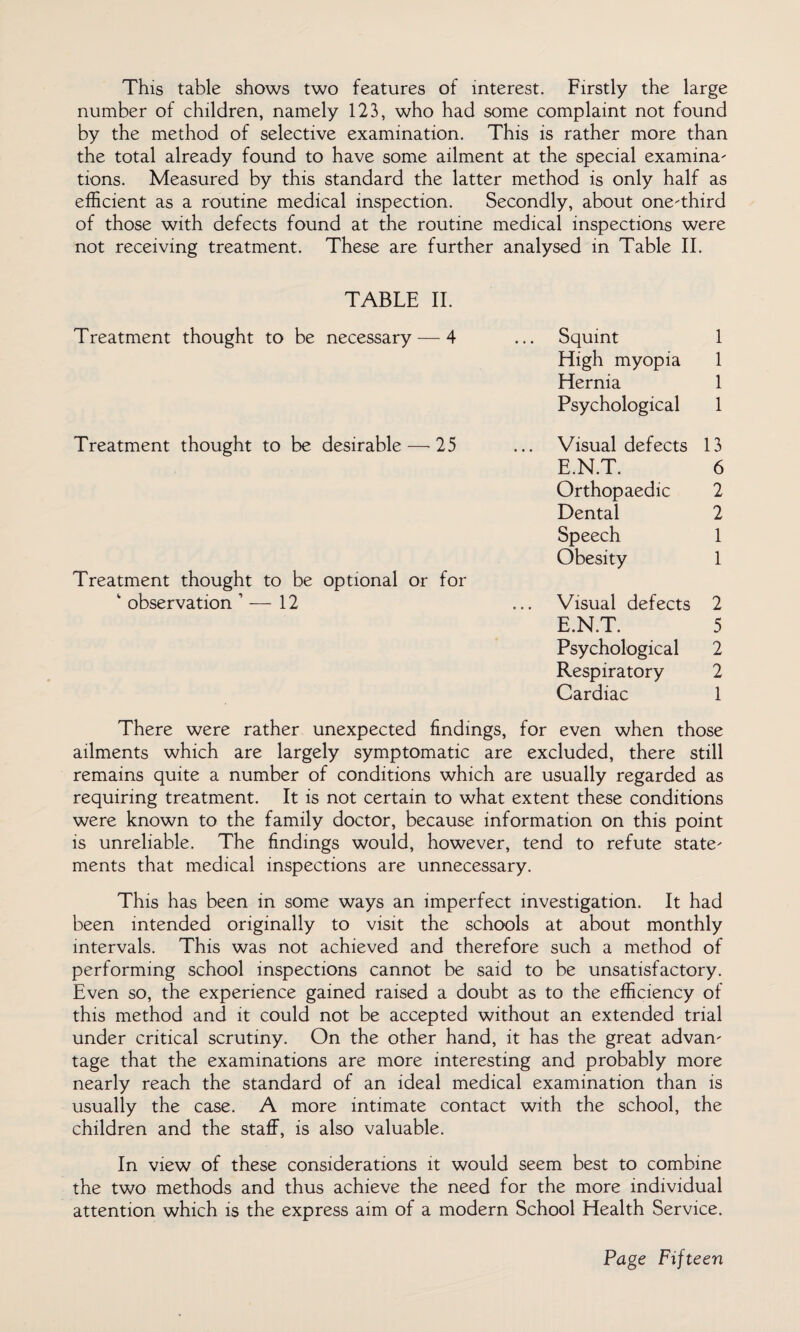 This table shows two features of interest. Firstly the large number of children, namely 123, who had some complaint not found by the method of selective examination. This is rather more than the total already found to have some ailment at the special examina¬ tions. Measured by this standard the latter method is only half as efficient as a routine medical inspection. Secondly, about one-third of those with defects found at the routine medical inspections were not receiving treatment. These are further analysed in Table II. TABLE II. Treatment thought to be necessary — 4 Treatment thought to be desirable — 25 Treatment thought to be optional or for k observation 1 — 12 Squint 1 High myopia 1 Hernia 1 Psychological 1 Visual defects 13 E.N.T. 6 Orthopaedic 2 Dental 2 Speech 1 Obesity 1 Visual defects 2 E.N.T. 5 Psychological 2 Respiratory 2 Cardiac 1 There were rather unexpected findings, for even when those ailments which are largely symptomatic are excluded, there still remains quite a number of conditions which are usually regarded as requiring treatment. It is not certain to what extent these conditions were known to the family doctor, because information on this point is unreliable. The findings would, however, tend to refute state¬ ments that medical inspections are unnecessary. This has been in some ways an imperfect investigation. It had been intended originally to visit the schools at about monthly intervals. This was not achieved and therefore such a method of performing school inspections cannot be said to be unsatisfactory. Even so, the experience gained raised a doubt as to the efficiency of this method and it could not be accepted without an extended trial under critical scrutiny. On the other hand, it has the great advan¬ tage that the examinations are more interesting and probably more nearly reach the standard of an ideal medical examination than is usually the case. A more intimate contact with the school, the children and the staff, is also valuable. In view of these considerations it would seem best to combine the two methods and thus achieve the need for the more individual attention which is the express aim of a modern School Health Service.