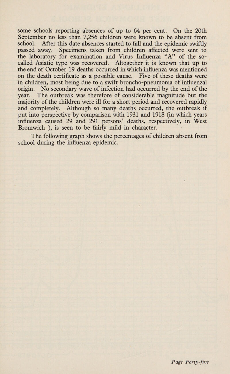 some schools reporting absences of up to 64 per cent. On the 20th September no less than 7,256 children were known to be absent from school. After this date absences started to fall and the epidemic swiftly passed away. Specimens taken from children affected were sent to the laboratory for examination and Virus Influenza “A” of the so- called Asiatic type was recovered. Altogether it is known that up to the end of October 19 deaths occurred in which influenza was mentioned on the death certificate as a possible cause. Five of these deaths were in children, most being due to a swift broncho-pneumonia of influenzal origin. No secondary wave of infection had occurred by the end of the year. The outbreak was therefore of considerable magnitude but the majority of the children were ill for a short period and recovered rapidly and completely. Although so many deaths occurred, the outbreak if put into perspective by comparison with 1931 and 1918 (in which years influenza caused 29 and 291 persons’ deaths, respectively, in West Bromwich ), is seen to be fairly mild in character. The following graph shows the percentages of children absent from school during the influenza epidemic.