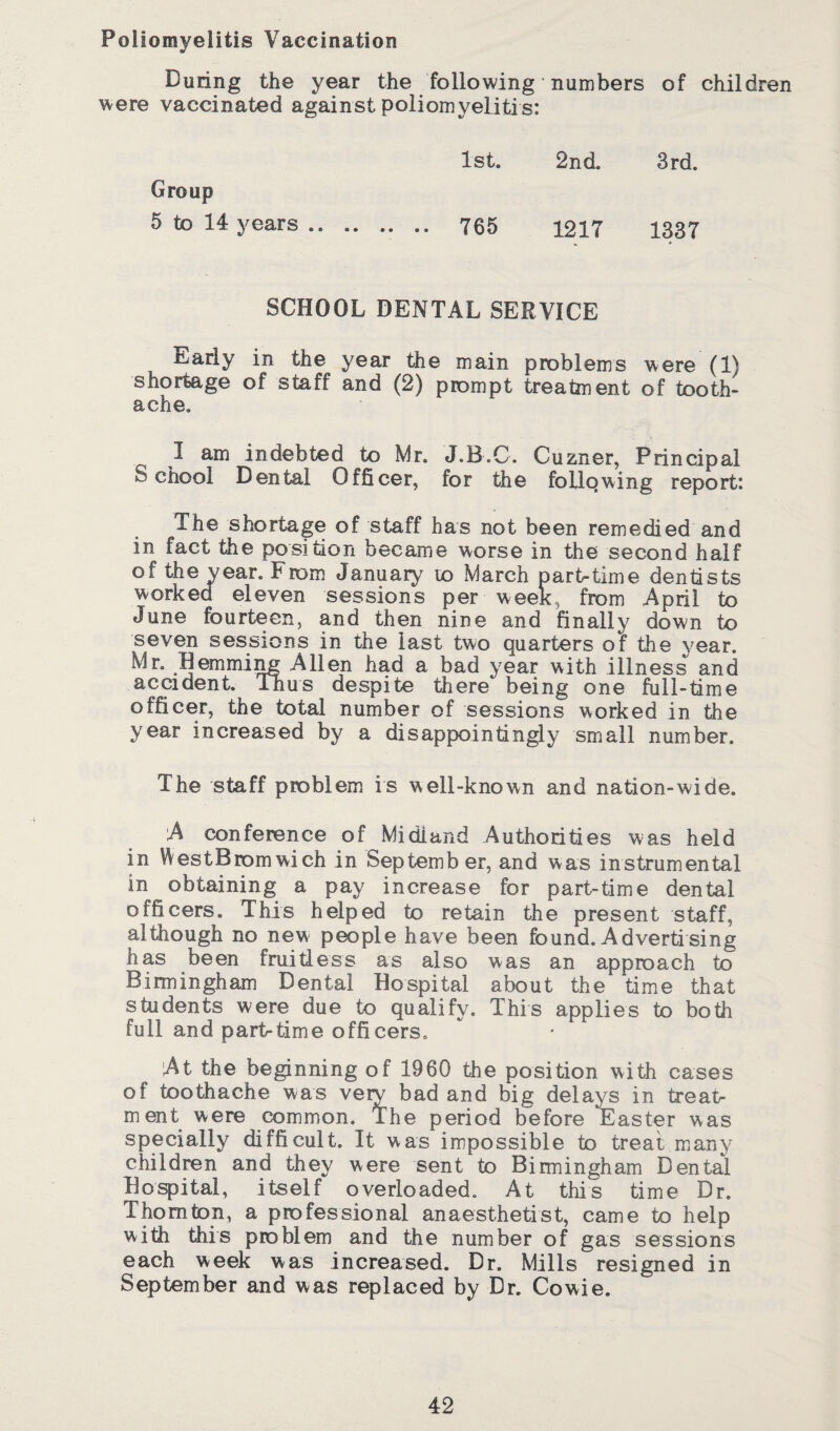 Poliomyelitis Vaccination During the year the following' numbers of children were vaccinated against poliomyelitis: Group 1st. 2nd. 3rd. 5 to 14 years .. .. ., . •• 765 1217 1337 SCHOOL DENTAL SERVICE nearly in the year the main problems were (1) shortage of staff and (2) prompt treatment of tooth¬ ache, I am indebted to Mr. J.B.C. Cuzner, Principal School Dental Officer, for the following report: The shortage of staff has not been remedied and in fact the position became worse in the second half of the year. From January to March part-time dentists worked eleven sessions per week, from April to June fourteen, and then nine and finally down to seven sessions in the last two quarters of the year. Mr. Hemming Allen had a bad year with illness and accident. Thus despite there being one full-time officer, the total number of sessions worked in the year increased by a disappointingly small number. The staff problem is well-known and nation-wide. A conference of Midland Authorities was held in WestBromwich in September, and was instrumental in obtaining a pay increase for part-time dental officers. This helped to retain the present staff, although no new people have been found. Advertising lias been fruitless as also was an approach to Birmingham Dental Hospital about the time that students were due to qualify. This applies to both full and part-time officers. At the beginning of 1960 the position with cases of toothache was very bad and big delays in treat¬ ment were common. The period before Easter was specially difficult. It was impossible to treat many children and they were sent to Birmingham Dental Hospital, itself overloaded. At this time Dr. Thornton, a professional anaesthetist, came to help with this problem and the number of gas sessions each week was increased. Dr. Mills resigned in September and was replaced by Dr. Cowie.