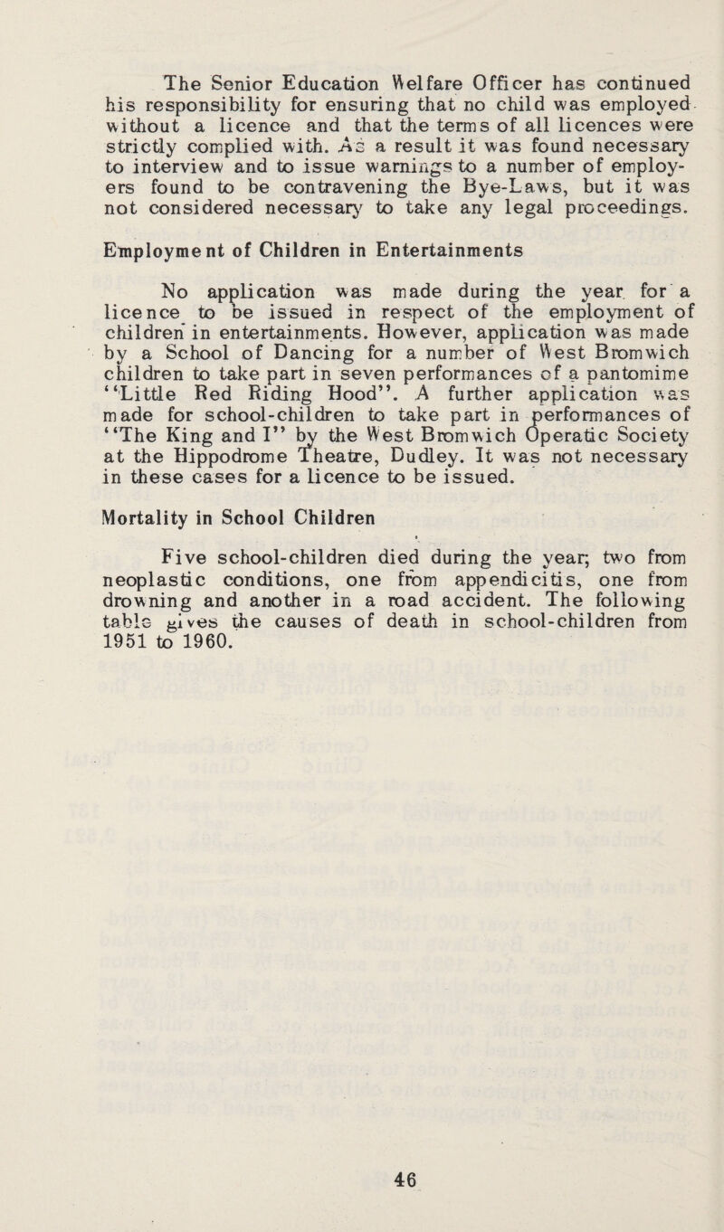 The Senior Education Welfare Officer has continued his responsibility for ensuring that no child was employed without a licence and that the terms of all licences were strictly complied with. As a result it was found necessary to interview and to issue warnings to a number of employ¬ ers found to be contravening the Bye-Laws, but it was not considered necessary to take any legal proceedings. Employment of Children in Entertainments No application was made during the year for a licence to be issued in respect of the employment of children* in entertainments. However, application was made by a School of Dancing for a number of West Bromwich children to take part in seven performances of a pantomime “Little Red Riding Hood”. A further application was made for school-children to take part in performances of “The King and I” by the West Bromwich Operatic Society at the Hippodrome Theatre, Dudley. It was not necessary in these cases for a licence to be issued. Mortality in School Children i Five school-children died during the year; two from neoplastic conditions, one from appendicitis, one from drowning and another in a road accident. The following table gives the causes of death in school-children from 1951 to 1960.