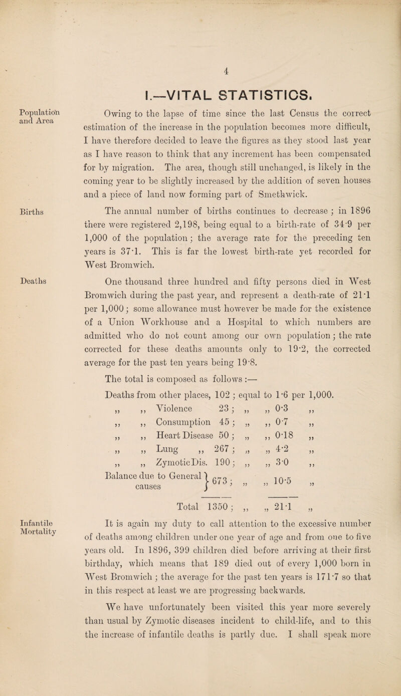 4 Population and Area Births Deaths Infantile Mortality I —VITAL STATISTICS. Owing to the lapse of time since the last Census the correct estimation of the increase in the population becomes more difficult, I have therefore decided to leave the figures as they stood last year as I have reason to think that any increment has been compensated for by migration. The area, though still unchanged, is likely in the coming year to be slightly increased by the addition of seven houses and a piece of land now forming part of Smethwick. The annual number of births continues to decrease ; in 1896 there were registered 2,198, being equal to a birth-rate of 34-9 per 1,000 of the population; the average rate for the preceding ten years is 37T. This is far the lowest birth-rate yet recorded for West Bromwich. One thousand three hundred and fifty persons died in West Bromwich during the past year, and represent a death-rate of 21T per 1,000; some allowance must however be made for the existence of a Union Workhouse and a Hospital to which numbers are admitted who do not count among our own population; the rate corrected for these deaths amounts only to 19*2, the corrected average for the past ten years being 19'8. The total is composed as follows :— Deaths from other places, 102 ; equal to P6 per 1,000. 55 5 5 Violence 23; 55 „ 0-3 55 55 55 Consumption 45 ; 55 „ 0-7 55 55 55 Heart Disease 50 ; 55 „ 0-18 55 55 55 Lung 267 ; 55 „ 4*2 55 55 55 Zymotic Dis. 190; 55 „ 3 0 5 5 Balance due to General 1 causes j ■673 ; 55 ,5 10-5 55 Total 1350; 5 5 „ 2D1 55 It is again my duty to call attention to the excessive number of deaths among children under one year of age and from one to five years old. In 1896, 399 children died before arriving at their first birthday, which means that 189 died out of every 1,000 born in West Bromwich ; the average for the past ten years is 171'7 so that in this respect at least we are progressing backwards. We have unfortunately been visited this year more severely than usual by Zymotic diseases incident to child-life, and to this