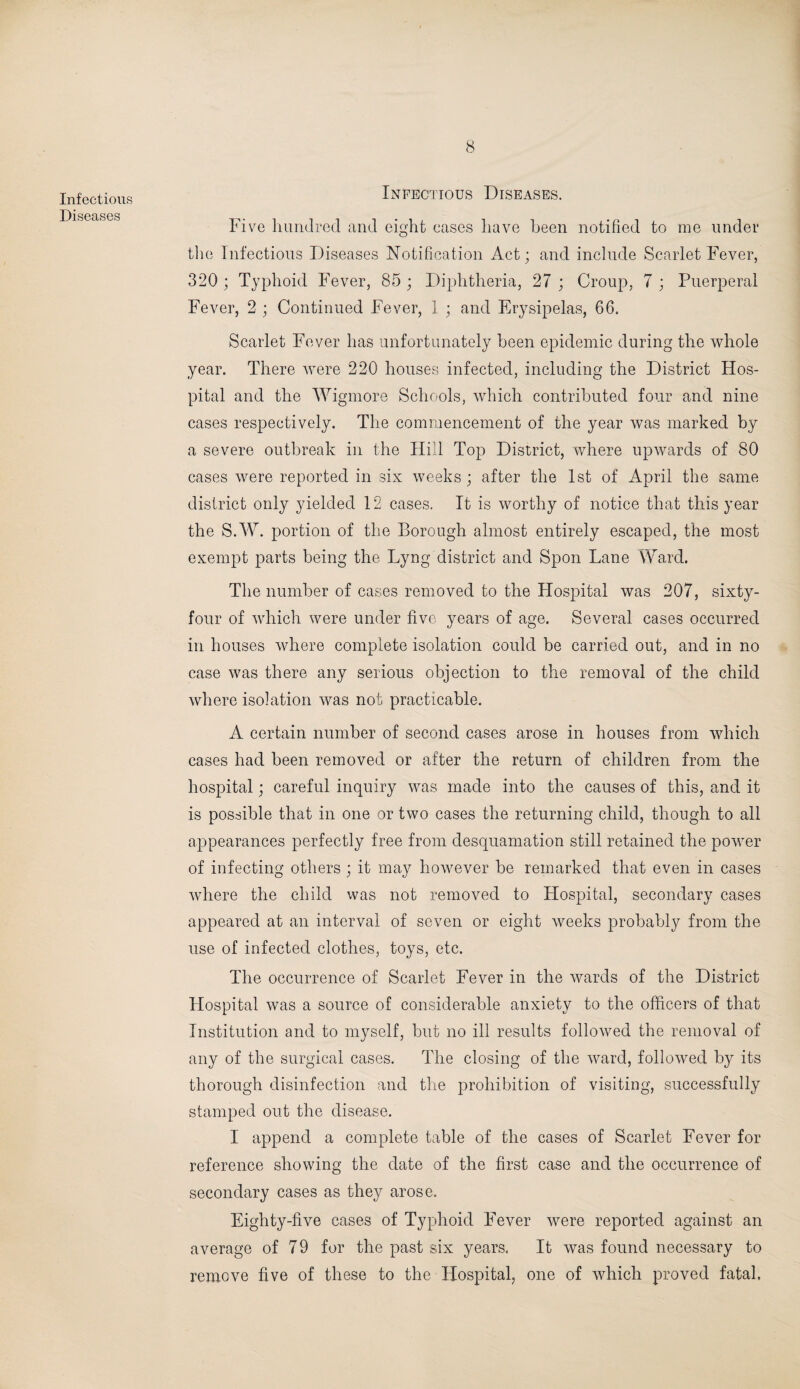 Infectious Diseases Infectious Diseases. Five hundred and eight eases have been notified to me under the Infectious Diseases Notification Act; and include Scarlet Fever, 320 ; Typhoid Fever, 85 ; Diphtheria, 27 ; Croup, 7 ; Puerperal Fever, 2 ; Continued Fever, 1 ; and Erysipelas, 66. Scarlet Fever has unfortunately been epidemic during the whole year. There were 220 houses infected, including the District Hos¬ pital and the Wigmore Schools, which contributed four and nine cases respectively. The commencement of the year was marked by a severe outbreak in the Hill Top District, where upwards of 80 cases were reported in six weeks; after the 1st of April the same district only yielded 12 cases. It is worthy of notice that this year the S.W. portion of the Borough almost entirely escaped, the most exempt parts being the Lyng district and Spon Lane Ward. The number of cases removed to the Hospital was 207, sixty- four of which were under five years of age. Several cases occurred in houses where complete isolation could be carried out, and in no case was there any serious objection to the removal of the child where isolation was not practicable. A certain number of second cases arose in houses from which cases had been removed or after the return of children from the hospital; careful inquiry was made into the causes of this, and it is possible that in one or two cases the returning child, though to all appearances perfectly free from desquamation still retained the power of infecting others ; it may however be remarked that even in cases where the child was not removed to Hospital, secondary cases appeared at an interval of seven or eight weeks probably from the use of infected clothes, toys, etc. The occurrence of Scarlet Fever in the wards of the District Hospital was a source of considerable anxiety to the officers of that Institution and to myself, but no ill results followed the removal of any of the surgical cases. The closing of the ward, followed by its thorough disinfection and the prohibition of visiting, successfully stamped out the disease. I append a complete table of the cases of Scarlet Fever for reference showing the date of the first case and the occurrence of secondary cases as they arose. Eighty-five cases of Typhoid Fever were reported against an average of 79 for the past six years. It was found necessary to remove five of these to the Hospital, one of which proved fatal.