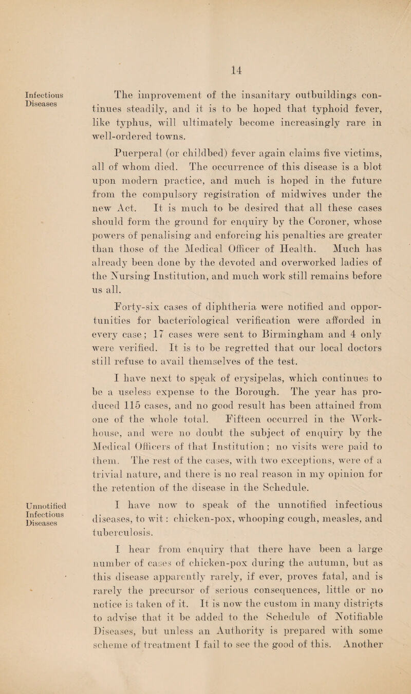 Infectious Diseases Unnotified Infectious Diseases The improvement of the insanitary outbuildings con¬ tinues steadily, and it is to be hoped that typhoid fever, like typhus, will ultimately become increasingly rare in well-ordered towns. Puerperal (or childbed) fever again claims five victims, all of whom died. The occurrence of this disease is a blot upon modern practice, and much is hoped in the future from the compulsory registration of midwives under the new Act. It is much to be desired that all these cases should form the ground for enquiry by the Coroner, whose powers of penalising and enforcing his penalties are greater than those of the Medical Officer of Health. Much has already been done by the devoted and overworked ladies of the Nursing Institution, and much work still remains before us all. Forty-six cases of diphtheria were notified and oppor¬ tunities for bacteriological verification were afforded in every case; 17 cases were sent to Birmingham and 4 only were verified. It is to be regretted that our local doctors still refuse to avail themselves of the test. I have next to speak of erysipelas, which continues to be a useless expense to the Borough. The year has pro¬ duced 115 cases, and no good result has been attained from one of the whole total. Fifteen occurred in the Work- house, and were no doubt the subject of enquiry by the Medical Officers of that Institution; no visits were paid to them. The rest of the cases, with two exceptions, were of a trivial nature, and there is no real reason in my opinion for the retention of the disease in the Schedule. I have now to speak of the unnotified infectious diseases, to wit: chicken-pox, whooping cough, measles, and tuberculosis. I hear from enquiry that there have been a large number of cases of chicken-pox during the autumn, but as this disease apparently rarely, if ever, proves fatal, and is rarely the precursor of serious consequences, little or no notice is taken of it. It is now the custom in many districts to advise that it be added to the Schedule of Notifiable Diseases, but unless an Authority is prepared with some scheme of treatment I fail to see the good of this. Another