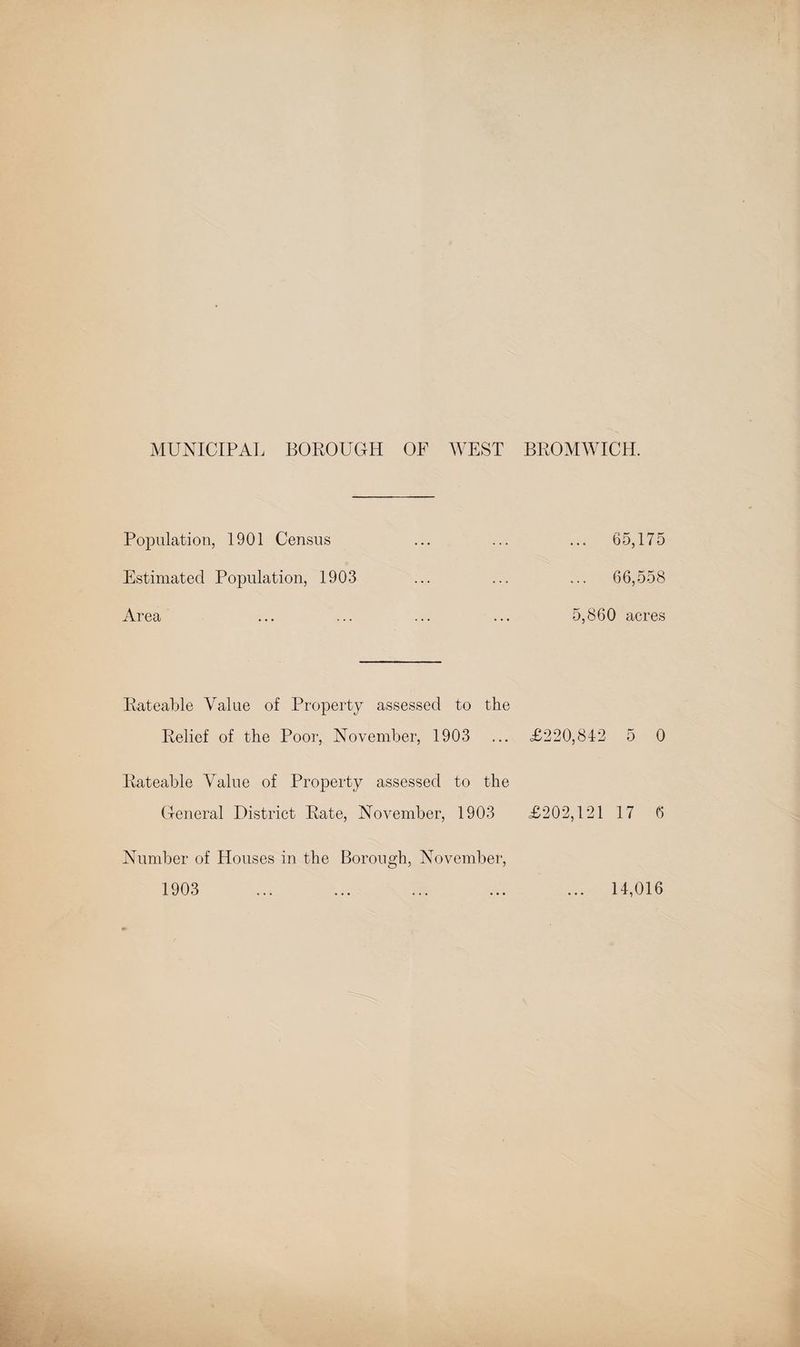 MUNICIPAL BOROUGH OF WEST BROMWICH. Population, 1901 Census Estimated Population, 1903 Area Rateable Value of Property assessed to the Relief of the Poor, November, 1903 Rateable Value of Property assessed to the General District Rate, November, 1903 Number of Houses in the Borough, November, ... 65,175 ... 66,558 5,860 acres £220,842 5 0 £202,121 17 6 1903 14,016