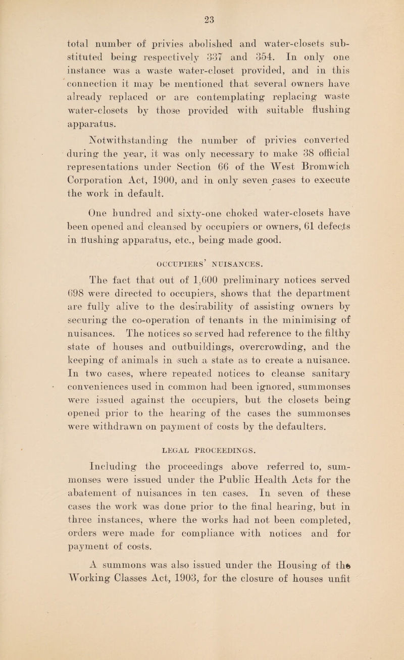 total number of privies abolished and water-closets sub¬ stituted being- respectively 337 and 354. In only one instance was a waste water-closet provided, and in this connection it may be mentioned that several owners have already replaced or are contemplating replacing waste water-closets by those provided with suitable flushing apparatus. Notwithstanding the number of privies converted during the year, it was only necessary to make 38 official representations under Section 66 of the West Bromwich Corporation Act, 1900, and in only seven cases to execute the work in default. One hundred and sixty-one choked water-closets have been opened and cleansed by occupiers or owners, 61 defects in Hushing apparatus, etc., being made good. occupiers’ nuisances. The fact that out of 1,600 preliminary notices served 698 were directed to occupiers, shows that the department are fully alive to the desirability of assisting owners by securing the co-operation of tenants in the minimising of nuisances. The notices so served had reference to the filthy state of houses and outbuildings, overcrowding, and the keeping of animals in such a state as to create a nuisance. In two cases, where repeated notices to cleanse sanitary conveniences used in common had been ignored, summonses were issued against the occupiers, but the closets being- opened prior to the hearing of the cases the summonses were withdrawn on payment of costs by the defaulters. LEGAL PROCEEDINGS. Including the proceedings above referred to, sum¬ monses were issued under the Public Health Acts for the abatement of nuisances in ten cases. In seven of these cases the work was done prior to the final hearing, but in three instances, where the works had not been completed, orders were made for compliance with notices and for payment of costs. A summons was also issued under the Housing of thfe Working Classes Act, 1903, for the closure of houses unfit