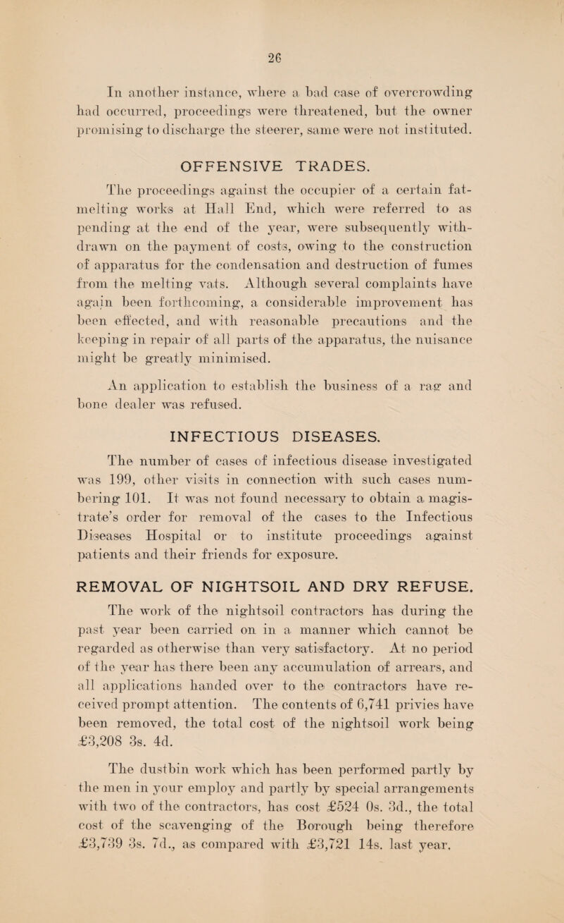 In another instance, where a bad case of overcrowding liad occurred, proceedings were threatened, but the owner promising to discharge the steerer, same were not instituted. OFFENSIVE TRADES. The proceedings against the occupier of a certain fat¬ melting works at Hall End, which were referred to as pending at the end of the year, were subsequently with¬ drawn on the payment of costs, owing to the construction of apparatus for the condensation and destruction of fumes from the melting vats. Although several complaints have again been, forthcoming, a considerable improvement has been effected, and with reasonable precautions and the keeping in repair of all parts of the apparatus, the nuisance might be greatly minimised. An application to establish the business of a rag and bone dealer was refused. INFECTIOUS DISEASES. The number of cases of infectious disease investigated was 199, other visits in connection with such cases num¬ bering 101. It was not found necessary to obtain a magis¬ trate’s order for removal of the cases to the Infectious Diseases Hospital or to institute proceeding's against patients and their friends for exposure. REMOVAL OF NIGHTSOIL AND DRY REFUSE. The work of the nightsoil contractors has during the past year been carried on in a manner which cannot be regarded as otherwise than very satisfactory. At no period of the year has there been any accumulation of arrears, and all applications handed over to the contractors have re¬ ceived prompt attention. The contents of 6,741 privies have been removed, the total cost of the nightsoil work being £3,208 3s. 4d. The dustbin work which has been performed partly by the men in your employ and partly by special arrangements with two of the contractors, has cost £524 Os. 3d., the total cost of the scavenging of the Borough being therefore £3,739 3s. 7d., as compared with £3,721 14s. last year.
