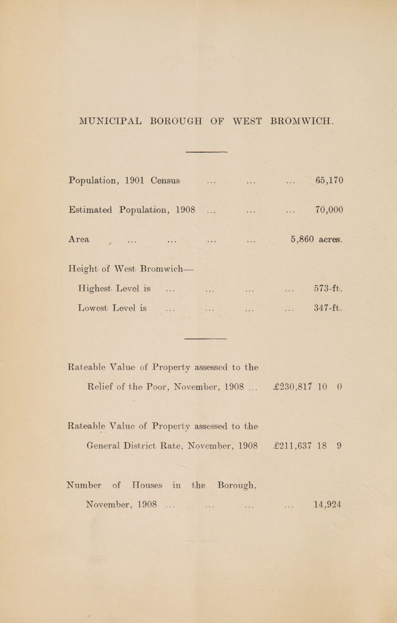 MUNICIPAL BOROUGH OF WEST BROMWICH. Population, 1901 Census ... ... ... 65,170 Estimated Population, 1908 ... ... ... 70,000 Area ... ... ... ... 5,860 acres. Height of West Bromwich— Highest Level is ... ... ... ... 573-ft. Lowest Level is ... ... ... ... 347-ft. Rateable Value of Property assessed to the Relief of the Poor, November, 1908 ... £230,817 10 0 Rateable Value of Property assessed to the General District Rate, November, 1908 £211,637 18 9 Number of Houses in the Borough, November, 1908 14,924