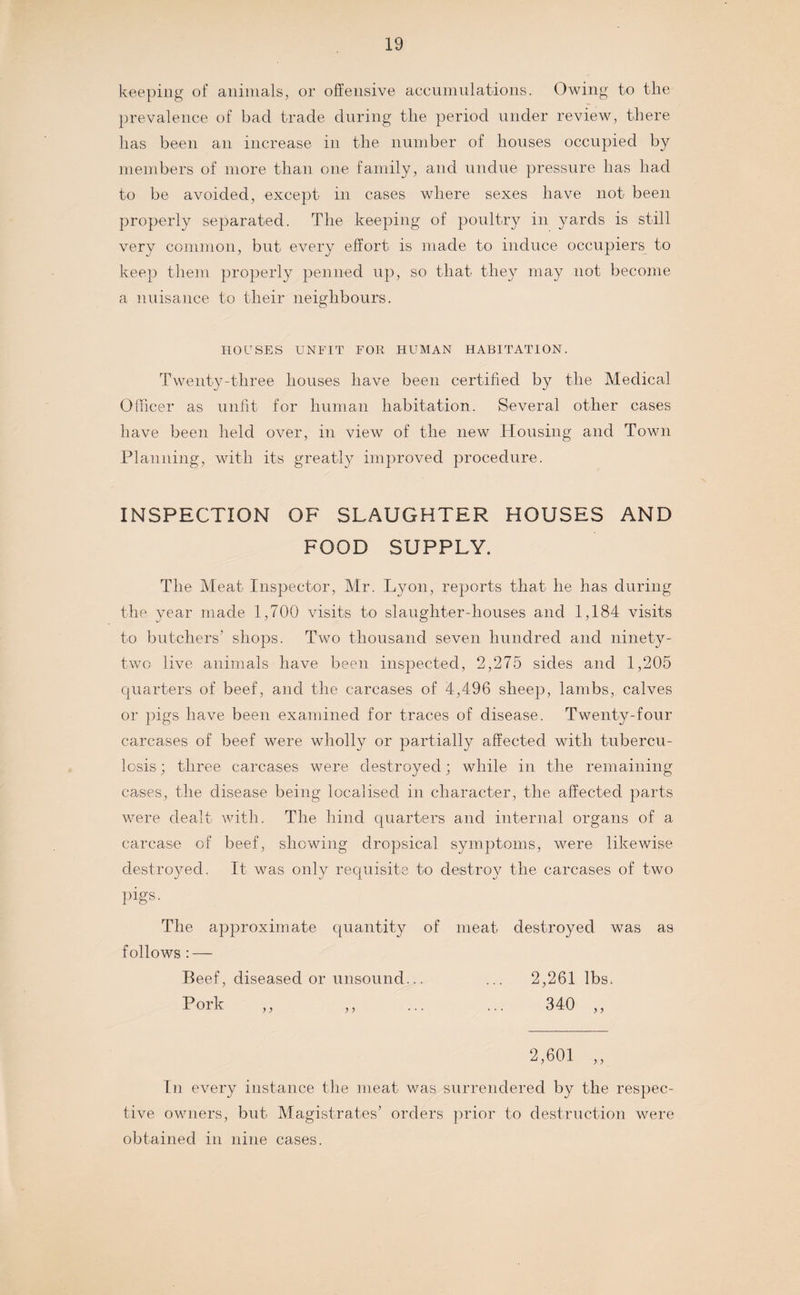 keeping of animals, or offensive accumulations. Owing to the prevalence of bad trade during the period under review, there has been an increase in the number of houses occupied by members of more than one family, and undue pressure has had to be avoided, except in cases where sexes have not been properly separated. The keeping of poultry in yards is still very common, but every effort is made to induce occupiers to keep them properly penned up, so that they may not become a nuisance to their neighbours. HOUSES UNFIT FOR HUMAN HABITATION. Twenty-three houses have been certified by the Medical Officer as unfit for human habitation. Several other cases have been held over, in view of the new Housing and Town Planning, with its greatly improved procedure. INSPECTION OF SLAUGHTER HOUSES AND FOOD SUPPLY. The Meat Inspector, Mr. Lyon, reports that he has during the year made 1,700 visits to slaughter-houses and 1,184 visits to butchers’ shops. Two thousand seven hundred and ninety- two live animals have been inspected, 2,275 sides and 1,205 quarters of beef, and the carcases of 4,496 sheep, lambs, calves or pigs have been examined for traces of disease. Twenty-four carcases of beef were wholly or partially affected with tubercu¬ losis ; three carcases were destroyed; while in the remaining cases, the disease being localised in character, the affected parts were dealt with. The hind quarters and internal organs of a carcase of beef, shewing dropsical symptoms, were likewise destroyed. It was only requisite to destroy the carcases of two pigs. The approximate quantity of meat destroyed was as follows : — Beef, diseased or unsound... ... 2,261 lbs. Pork ,, ,, ... ... 340 ,, 2,601 ,, In every instance the meat was surrendered by the respec¬ tive owners, but Magistrates’ orders prior to destruction were obtained in nine cases.