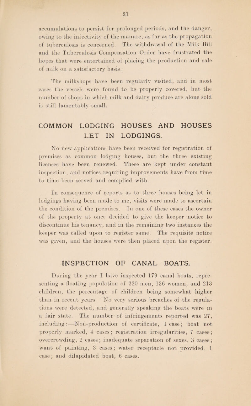 accumulations to persist for prolonged periods, and the danger, owing to the infeetivity of the manure, as far as the propagation of tuberculosis is concerned. The withdrawal of the Milk Bill and the Tuberculosis Compensation Order have frustrated the hopes that were entertained of placing the production and sale of milk on a satisfactory basis. The milkshops have been regularly visited, and in most cases the vessels were found to be properly covered, but the number of shops in which milk and dairy produce are alone sold is still lamentably small. COMMON LODGING HOUSES AND HOUSES LET IN LODGINGS. No new applications have been received for registration of premises as common lodging houses, but the three existing licenses have been renewed. These are kept under constant inspection, and notices requiring improvements have from time to time been served and complied with. In consequence of reports as to three houses being let in lodgings having been made to me, visits were made to ascertain the condition of the premises. In one of these cases the owner of the property at once decided to give the keeper notice to discontinue his tenancy, and in the remaining two instances the keeper was called upon to register same. The requisite notice was given, and the houses were then placed upon the register. INSPECTION OF CANAL BOATS. During the year I have inspected 179 canal boats, repre¬ senting a floating population of 220 men, 136 women, and 213 children, the percentage of children being somewhat higher than in recent years. No very serious breaches of the regula¬ tions were detected, and generally speaking the boats were in a fair state. The number of infringements reported was 27, including:—Non-production of certificate, 1 case; boat not properly marked, 4 cases; registration irregularities, 7 cases; overcrowding, 2 cases; inadequate separation of sexes, 3 cases; want of painting, 3 cases; water receptacle not provided, 1 case; and dilapidated boat, 6 cases.