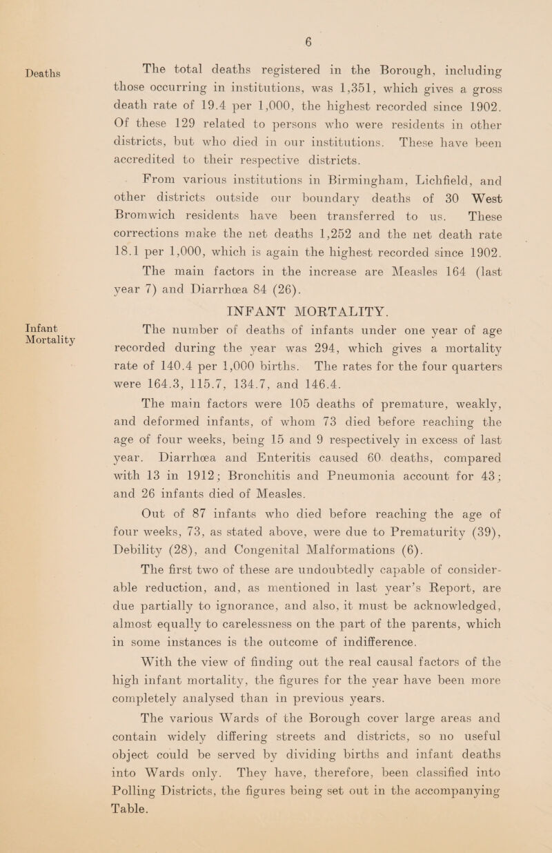 Deaths Infant Mortality The total deaths registered in the Borough, including those occurring in institutions, was 1,351, which gives a gross death rate of 19.4 per 1,000, the highest recorded since 1902. Of these 129 related to persons who were residents in other districts, but who died in our institutions. These have been accredited to their respective districts. From various institutions in Birmingham, Lichfield, and other districts outside our boundary deaths of 30 West Bromwich residents have been transferred to us. These corrections make the net deaths 1,252 and the net death rate 18.1 per 1,000, which is again the highest recorded since 1902. The main factors in the increase are Measles 164 (last year 7) and Diarrhoea 84 (26). INFANT MORTALITY. The number of deaths of infants under one year of age recorded during the year was 294, which gives a mortality rate of 140.4 per 1,000 births. The rates for the four quarters were 164.3, 115.7, 134.7, and 146.4. The main factors were 105 deaths of premature, weakly, and deformed infants, of whom 73 died before reaching the age of four weeks, being 15 and 9 respectively in excess of last year. Diarrhoea and Enteritis caused 60 deaths, compared with 13 in 1912; Bronchitis and Pneumonia account for 43; and 26 infants died of Measles. Out of 87 infants who died before reaching the age of four weeks, 73, as stated above, were due to Prematurity (39), Debility (28), and Congenital Malformations (6). The first two of these are undoubtedly capable of consider¬ able reduction, and, as mentioned in last year’s Report, are due partially to ignorance, and also, it must be acknowledged, almost equally to carelessness on the part of the parents, which in some instances is the outcome of indifference. With the view of finding out the real causal factors of the high infant mortality, the figures for the year have been more completely analysed than in previous years. The various Wards of the Borough cover large areas and contain widely differing streets and districts, so no useful object could be served by dividing births and infant deaths into Wards only. They have, therefore, been classified into Polling Districts, the figures being set out in the accompanying Table.