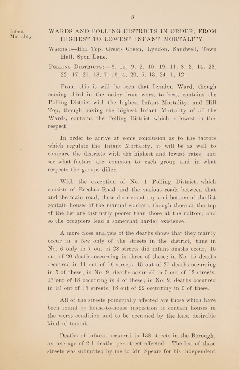 Infant Mortality WARDS AND POLLING DISTRICTS IN ORDER, FROM HIGHEST TO LOWEST INFANT MORTALITY. Wards:—Hill Top, Greets Green, Lyndon, Sandwell, Town Hall, Spoil Lane. Polling Districts:—6, 15, 9, 2, 10, 19, 11, 8, 3, 14, 23, 22, 17, 21, 18, 7, 16, 4, 20, 5, 13, 24, 1, 12. From this it will be seen that Lyndon Ward, though coming third in the order from worst to best, contains the Polling District with the highest Infant Mortality, and Hill Top, though having the highest Infant Mortality of all the Wards, contains the Polling District which is lowest in this respect. In order to arrive at some conclusion as to the factors which regulate the Infant Mortality, it will be as well to compare the districts with the highest and lowest rates, and see what factors are common to each group and in what respects the groups differ. With the exception of No. 1 Polling District, which consists of Beeches Road and the various roads between that and the main road, these districts at top and bottom of the list contain houses of the manual workers, though those at the top M the list are distinctly poorer than those at the bottom, and so the occupiers lead a somewhat harder existence. A more close analysis of the deaths shows that they mainly occur in a few only of the streets in the district, thus in No. 6 only in 7 out of 28 streets did infant deaths occur, 15 out of 20 deaths occurring in three of these; in No. 15 deaths occurred in 11 out of 16 streets, 15 out of 20 deaths occurring in 5 of these; in No. 9, deaths occurred in 5 out of 12 streets, 17 out of 18 occurring in 4 of these; in No. 2, deaths occurred in 10 out of 15 streets, 18 out of 22 occurring in 6 of these. All of the streets principally affected are those which have been found by house-to-house inspection to contain houses in the worst condition and to be occupied by the least desirable kind of tenant. Deaths of infants occurred in 138 streets in the Borough, an average of 2.1 deaths per street affected. The list of these streets was submitted by me to Mr. Spears for his independent