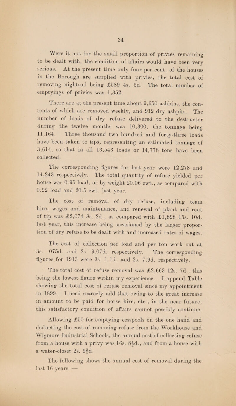 Were it not for the small proportion of privies remaining to be dealt with, the condition of affairs would have been very serious. At the present time only four per cent, of the houses in the Borough are supplied with privies, the total cost- of removing nightsoil being £589 4s. 5d. The total number of emptyings of privies was 1,352. There are at the present time about 9,650 ashbins, the con¬ tents of which are removed weekly, and 912 dry ashpits. The number of loads of dry refuse delivered to the destructor during the twelve months was 10,300, the tonnage being 11,164. Three thousand two hundred and forty-three loads have been taken to tips, representing an estimated tonnage of 3,614, so that in all 13,543 loads or 14,778 tons have been collected. The corresponding figures for last year were 12,278 and 14,243 respectively. The total quantity of refuse yielded per house was 0.95 load, or by weight 20.06 cwt., as compared with 0.92 load and 20.5 cwt. last year. The cost of removal of dry refuse, including team hire, wages and maintenance, and renewal of plant and rent of tip was £2,074 8s. 2d., as compared with £1,898 15s. lOd. last year, this increase being occasioned by the larger propor¬ tion of dry refuse to be dealt with and increased rates of wages. The cost of collection per load and per ton work out at 3s. .075d. and 2s. 9.07d. respectively. The corresponding figures for 1913 were 3s. l.ld. and 2s. 7.9d. respectively. The total cost of refuse removal was £2,663 12s. 7d., this being the lowest figure within my experience. I append Table showing the total cost of refuse removal since my appointment in 1899. I need scarcely add that owing to the great increase in amount to be paid for horse hire, etc., in the near future, this satisfactory condition of affairs cannot possibly continue. Allowing £50 for emptying cesspools on the one hand and deducting the cost of removing refuse from the Workhouse and Wigmore Industrial Schools, the annual cost of collecting refuse from a house with a privy was 16s. 8Jd., and from a house with a water-closet 2s. 9|d. The following shows the annual cost of removal during the last 16 years : —