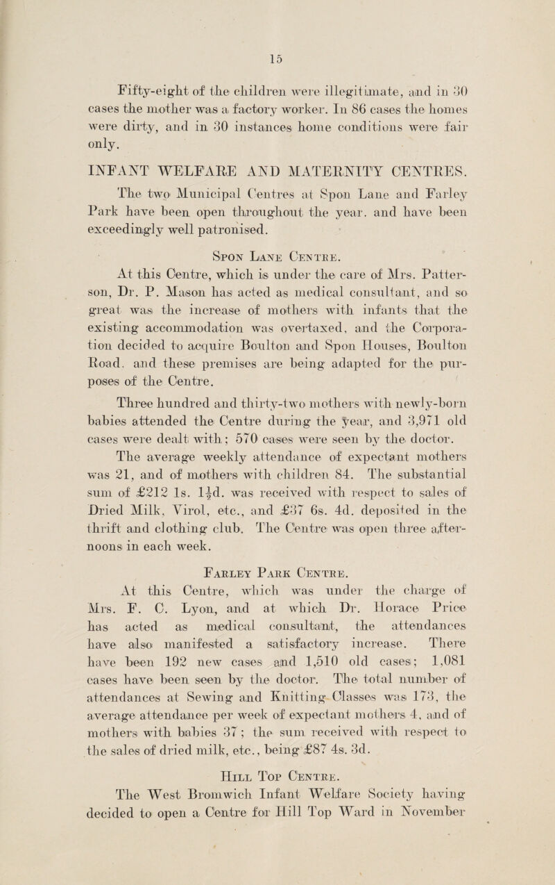 Fifty-eight of the children were illegitimate, and in 30 cases the mother was a factory worker. In 86 cases the homes were dirty, and in 30 instances home conditions were fair only. INFANT WELFARE AND MATERNITY CENTRES. The two Municipal Centres at Spon Lane and Farley Park have been open throughout the year, and have been exceedingly well patronised. Spon Lane Cf.ntee. At this Centre, which is under the care of Mrs. Patter¬ son, Dr. P. Mason has acted as medical consultant, and so. great was the increase of mothers with infants that the existing accommodation was overtaxed, and the Corpora¬ tion decided to acquire Boulton and Spun Houses, Boulton Road, and these premises are being adapted for the pur¬ poses of the Centre. Three hundred and thirty-two mothers with newly-born babies attended the Centre during the year, and 3,971 old cases were dealt with; 570 cases were seen by the. doctor. The average weekly attendance of expectant mothers was 21, and of m,others with children 84. The substantial sum of £212 Is. l-|d. was received with respect to sales of Dried Milk, Virol, etc., and £37 6s. 4d. deposited in the thrift and clothing club. The Centre was open three after¬ noons in each week. Faeley Paek Centee. At this Centre, which, was under the charge of Mrs. F. C. Lyon, and at which Dr. Horace Price has acted as medical consultant, the attendances have also manifested a satisfactory increase. There have been 192 new cases and 1,510 old cases; 1,081 cases have been seen by the doctor. The total number of attendances at Sewing and Knitting (Masses was 173, the average attendance per week of expectant mothers 4, and of mothers with babies 37 ; the sum received with respect to the sales of dried milk, etc., being £87 4s. 3d. Hill Top Centre. The West Bromwich Infant Welfare Society having decided to open a Centre for Hill Top Ward in November