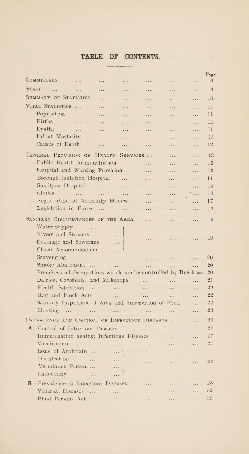 TABLE OF CONTENTS Page Committees ... ... ... ... ... ... 6 Staff ... ... ... ... ... ... ... 7 Summary of Statistics ... ... ... ... ... lo Vital Statistics ... ... ... ... ... ... ll Population ... ... ... ... ... ... 11 Births ... .. ... ... ... ... 11 Deaths ... ... ... ... ... ... 11 Infant Mortality ... ... ... ... ... 11 Causes of Death ... ... ... ... ... 12 General Provision of Health Services ... ... ... 13 Public Health Administration ... ... ... 13 Hospital and Nursing Provision ... ... ... 13 Borough Isolation Hospital ... ... ... ... 14 Smallpox Hospital ... ... ... ... ... 14 Clinics ... ... ... ... ... ... 16 Registration of Maternity Homes ... ... ... 17 Legislation in Force ... ... ... ... ... 17 Sanitary Circumstances of the Area ... ... ... 19 Water Supply ... ... \ Rivers and Streams... ... I f ••• »0« It/ Drainage and Sewerage Closet Accommodation ... / Scavenging ... .. ... ... ... 20 Smoke Abatement ... ... ... ... ... 20 Premises and Occupations which can be controlled by Bye-laws 20 Dairies, Cowsheds, and Milkshops ... ... ... 21 Health Education ... ... ... ... ... 22 Rag and Flock Acts ... ... ... ... 22 Sanitary Inspection of Area and Supervision of Food ... 22 Housing ... ... ... ... ... ... 23 Prevalence and Control of Infectious Diseases ... ... 26 A—Control of Infectious Diseases ... ... ... ... 26 Immunisation against Infectious Diseases ... ... 27 Vaccination . ... ... ... ... ... 27 Issue of Antitoxin ... ... \ Disinfection ...... Verminous Persons... ... , Laboratory ... ... ' B —Prevalence of Infectious Diseases ... ... ... 28 Venereal Diseases ... ... ••• ••• 32 Blind Persons Act ... ... ••• ••• ••• 32