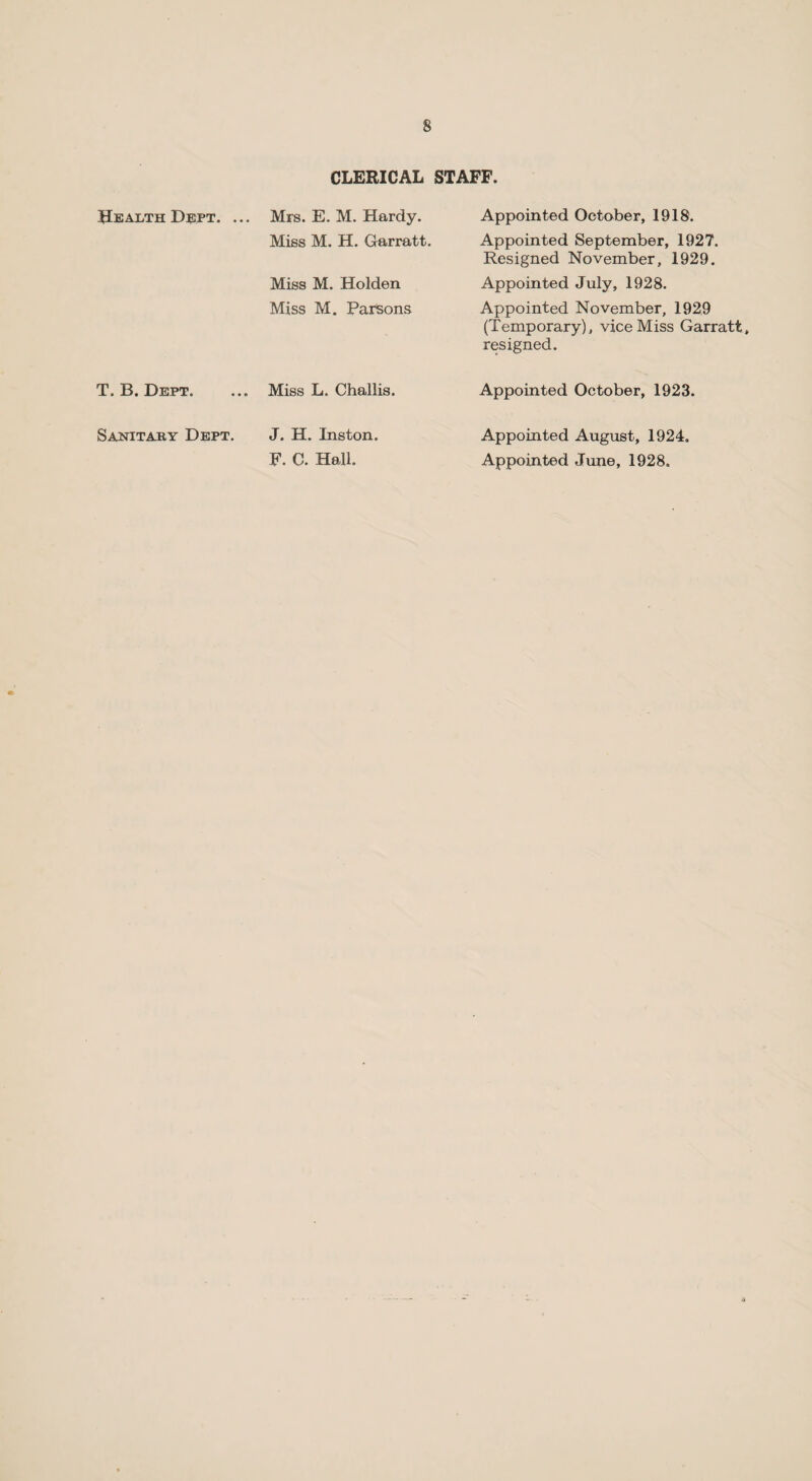 CLERICAL STAFF. Health Dept. ... Mrs. E. M. Hardy. Miss M. H. Garratt. Appointed October, 1918. Appointed September, 1927. Resigned November, 1929. Miss M. Holden Miss M. Parsons Appointed July, 1928. Appointed November, 1929 (Temporary), vice Miss Garratt, resigned. T. B. Dept. ... Miss L. Challis. Appointed October, 1923. Sanitary Dept. J. H. Inston. F. C. Hall. Appointed August, 1924. Appointed June, 1928, a