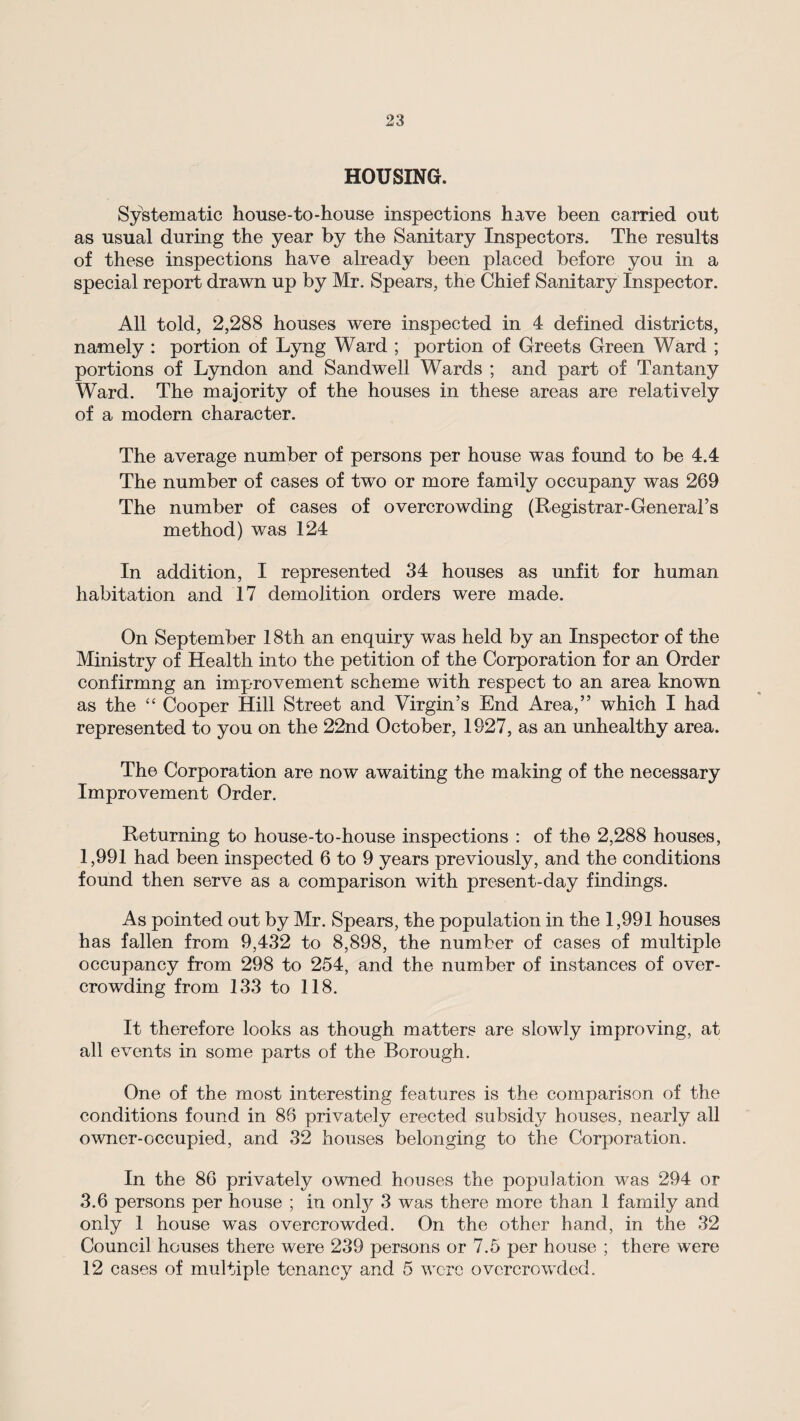 HOUSING. Systematic house-to-house inspections have been carried out as usual during the year by the Sanitary Inspectors. The results of these inspections have already been placed before you in a special report drawn up by Mr. Spears, the Chief Sanitary Inspector. All told, 2,288 houses were inspected in 4 defined districts, namely : portion of Lyng Ward ; portion of Greets Green Ward ; portions of Lyndon and Sandwell Wards ; and part of Tantany Ward. The majority of the houses in these areas are relatively of a modern character. The average number of persons per house was found to be 4.4 The number of cases of two or more family occupany was 269 The number of cases of overcrowding (Registrar-General’s method) was 124 In addition, I represented 34 houses as unfit for human habitation and 17 demolition orders were made. On September 18th an enquiry was held by an Inspector of the Ministry of Health into the petition of the Corporation for an Order confirmng an improvement scheme with respect to an area known as the “ Cooper Hill Street and Virgin’s End Area,” which I had represented to you on the 22nd October, 1927, as an unhealthy area. The Corporation are now awaiting the making of the necessary Improvement Order. Returning to house-to-house inspections : of the 2,288 houses, 1,991 had been inspected 6 to 9 years previously, and the conditions found then serve as a comparison with present-day findings. As pointed out by Mr. Spears, the population in the 1,991 houses has fallen from 9,432 to 8,898, the number of cases of multiple occupancy from 298 to 254, and the number of instances of over¬ crowding from 133 to 118. It therefore looks as though matters are slowly improving, at all events in some parts of the Borough. One of the most interesting features is the comparison of the conditions found in 86 privately erected subsidy houses, nearly all owner-occupied, and 32 houses belonging to the Corporation. In the 86 privately owned houses the population was 294 or 3.6 persons per house ; in only 3 was there more than 1 family and only 1 house was overcrowded. On the other hand, in the 32 Council houses there were 239 persons or 7.5 per house ; there were 12 cases of multiple tenancy and 5 were overcrowded.
