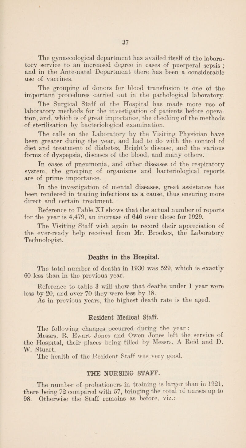 The gynaecological department has availed itself of the labora¬ tory service to an increased degree in cases of puerperal sepsis ; and in the Ante-natal Department there has been a considerable use of vaccines. The grouping of donors for blood transfusion is one of the important procedures carried out in the pathological laboratory. The Surgical Staff of the Hospital has made more use of laboratory methods for the investigation of patients before opera¬ tion, and, which is of great importance, the checking of the methods of sterilisation by bacteriological examination. The calls on the Laboratory by the Visiting Physician have been greater during the year, and had to do with the control of diet and treatment of diabetes, Bright’s disease, and the various forms of dyspepsia, diseases of the blood, and many others. In cases of pneumonia, and other diseases of the respiratory system, the grouping of organisms and bacteriological reports are of prime importance. In the investigation of mental diseases, great assistance has been rendered in tracing infections as a cause, thus ensuring more direct and certain treatment. Reference to Table XI shows that the actual number of reports for the year is 4,479, an increase of 646 over those for 1929. The Visiting Staff wish again to record their appreciation of the ever-ready help received from Mr. Brookes, the Laboratory Technologist. Deaths in the Hospital The total number of deaths in 1930 was 529, which is exactly 60 less than in the previous year. Reference to table 3 will show that deaths under 1 year were less by 20, and over 70 they were less by 18. As in previous years, the highest death rate is the aged. Resident Medical Staff. The following changes occurred during the year : Messrs. R. Ewart Jones and Owen Jones left the service of the Hospital, their places being filled by Messrs. A Reid and D. W. Stuart. The health of the Resident Staff was veiy good. THE NURSING STAFF. The number of probationers in training is larger than in 1921, there being 72 compared with 57, bringing the total of nurses up to 98. Otherwise the Staff remains as before, viz.:
