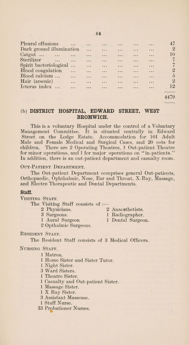 Pleural effusions ... ... ... ... ... ... 47 Dark ground illumination ... ... ... ... ... 2 Catgut ... ... ... ... ... ... ... ... 10 Sterilizer ... ... ... ... ... ... ... 7 Spirit bacteriological ... ... ... ... ... ... 7 Blood coagulation ... ... ... ... ... ... 2 Blood calcium ... ... ... ... ... ... ... 5 Hair (arsenic) ... ... ... ... ... ... 2 Icterus index ... ... ... ... ... ... ... 12 4479 (b) DISTRICT HOSPITAL, EDWARD STREET, WEST BROMWICH. This is a voluntary Hospital under the control of a Voluntary Management Committee. It is situated centrally in Edward Street on the Lodge Estate. Accommodation for 101 Adult Male and Female Medical and Surgical Cases, and 20 cots for children. There are 2 Operating Theatres, 1 Out-patient Theatre for minor operations, and 1 for major operations on “in-patients.” In addition, there is an out-patient department and casualty room. Out-Patient Department. The Out-patient Department comprises general Out-patients, Orthopaedic, Ophthalmic, Nose, Ear and Throat, X-Ray, Massage, and Electro Therapeutic and Dental Departments. Staff. Visiting Staff. The Visiting Staff consists of :— 2 Physicians. 2 Anaesthetists. 3 Surgeons. 1 Radiographer. 1 Aural Surgeon 1 Dental Surgeon. 2 Opthalmic Surgeons. Resident Staff. The Resident Staff consists of 3 Medical Officers. Nursing Staff. 1 Matron. 1 Home Sister and Sister Tutor. 1 Night Sister. 3 Ward Sisters. 1 Theatre Sister. 1 Casualty and Out-patient Sister. 1 Massage Sister. 1 X Ray Sister. 3 Assistant Masseuse. 1 Staff Nurse. 33 Probationer Nurses.
