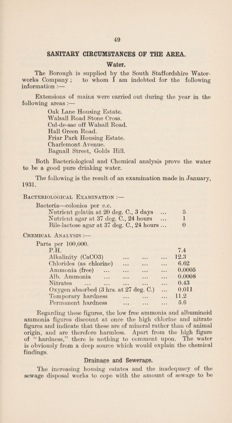 SANITARY CIRCUMSTANCES OF THE AREA. Water. The Borough is supplied by the South Staffordshire Water¬ works Company ; to whom I am indebted for the following information :— Extensions of mains were carried out during the year in the following areas :— Oak Lane Housing Estate. Walsall Load Stone Cross. Cul-de-sac off Walsall Road. Hall Green Road. Friar Park Housing Estate. Charlemont Avenue. Bagnall Street, Golds Hill. Both Bacteriological and Chemical analysis prove the water to be a good pure drinking water. The following is the result of an examination made in January, 1931. Bacteriological Examination :— Bacteria—colonies per c.c. Nutrient gelatin at 20 deg. C., 3 days ... 5 Nutrient agar at 37 deg. C., 24 hours ... 1 Bile-lactose agar at 37 deg. C., 24 hours ... 0 Chemical Analysis :— Parts per 100,000. P.H. 7.4 Alkalinity (CaC03) « • « * • e 12.3 Chlorides (as chlorine) < * « © • • 6.62 Ammonia (free) » • • • • • 0.0005 Alb. Ammonia • • • * • • 0.0008 Nitrates • • • • • • 0.43 Oxygen absorbed (3 hrs. at 27 deg. C.) 0.011 Temporary hardness i * « • • • 11.2 Permanent hardness • • • • • • 5.6 Regarding these figures, the low free ammonia and albuminoid ammonia figures discount at once the high chlorine and nitrate figures and indicate that these are of mineral rather than of animal origin, and are therefore harmless. Apart from the high figure of “ hardness,” there is nothing to comment upon. The water is obviously from a deep source which would explain the chemical findings. Drainage and Sewerage. The increasing housing estates and the inadequacy of the sewage disposal works to cope with the amount of sewage to be