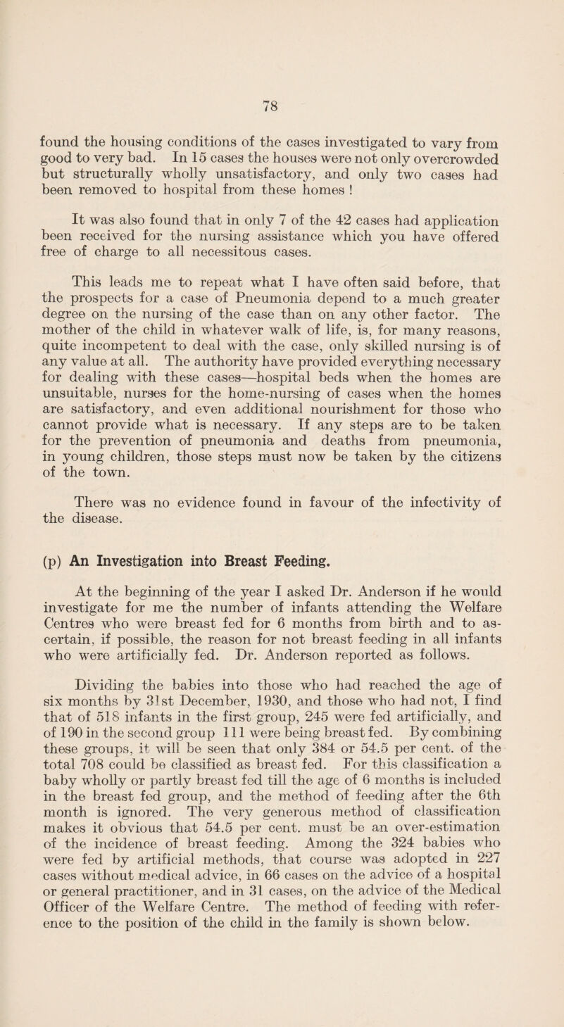 found the housing conditions of the cases investigated to vary from good to very bad. In 15 cases the houses were not only overcrowded but structurally wholly unsatisfactory, and only two cases had been removed to hospital from these homes ! It was also found that in only 7 of the 42 cases had application been received for the nursing assistance which you have offered free of charge to all necessitous cases. This leads me to repeat what I have often said before, that the prospects for a case of Pneumonia depend to a much greater degree on the nursing of the case than on any other factor. The mother of the child in whatever walk of life, is, for many reasons, quite incompetent to deal with the case, only skilled nursing is of any value at all. The authority have provided everything necessary for dealing with these cases—hospital beds when the homes are unsuitable, nurses for the home-nursing of cases when the homes are satisfactory, and even additional nourishment for those who cannot provide what is necessary. If any steps are to be taken for the prevention of pneumonia and deaths from pneumonia, in young children, those steps must now be taken by the citizens of the town. There was no evidence found in favour of the infectivity of the disease. (p) An Investigation into Breast Feeding. At the beginning of the year I asked Dr. Anderson if he would investigate for me the number of infants attending the Welfare Centres who were breast fed for 6 months from birth and to as¬ certain, if possible, the reason for not breast feeding in all infants who were artificially fed. Dr. Anderson reported as follows. Dividing the babies into those who had reached the age of six months by 31st December, 1930, and those who had not, I find that of 518 infants in the first group, 245 were fed artificially, and of 190 in the second group 111 were being breast fed. By combining these groups, it will be seen that only 384 or 54.5 per cent, of the total 708 could be classified as breast fed. For this classification a baby wholly or partly breast fed till the age of 6 months is included in the breast fed group, and the method of feeding after the 6th month is ignored. The very generous method of classification makes it obvious that 54.5 per cent, must be an over-estimation of the incidence of breast feeding. Among the 324 babies who were fed by artificial methods, that course was adopted in 227 cases without medical advice, in 66 cases on the advice of a hospital or general practitioner, and in 31 cases, on the advice of the Medical Officer of the Welfare Centre. The method of feeding with refer¬ ence to the position of the child in the family is shown below.