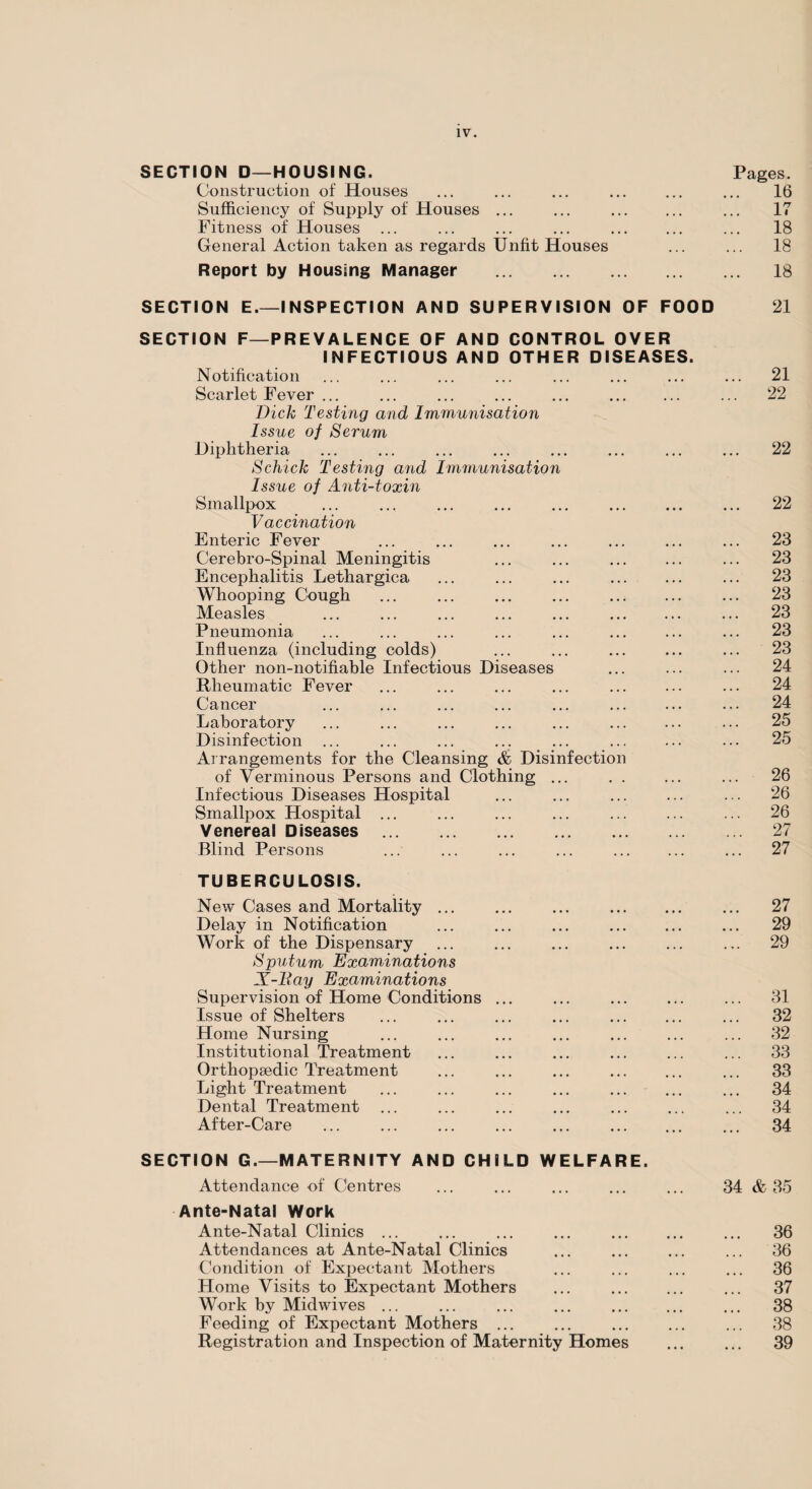 SECTION D—HOUSING. Pages. Construction of Houses ... ... ... ... ... ... 16 Sufficiency of Supply of Houses ... ... . ... 17 Fitness of Houses ... ... ... ... . ... 18 General Action taken as regards Unfit Houses ... ... 18 Report by Housing Manager . 18 SECTION E.—INSPECTION AND SUPERVISION OF FOOD 21 SECTION F—PREVALENCE OF AND CONTROL OVER INFECTIOUS AND OTHER DISEASES. Notification Scarlet Fever ... ... ... ... ... . Dick Testing and Immunisation Issue of Serum Diphtheria Schick Testing and Immunisation Issue of Anti-toxin Smallpox Vaccination Enteric Fever Cerebro-Spinal Meningitis Encephalitis Lethargica Whooping Cough ... ... ... ... . Measles ... ... ... ... ... . Pneumonia Influenza (including colds) Other non-notifiable Infectious Diseases Rheumatic Fever Cancer Laboratory ... ... ... ... ... . Disinfection ... ... ... ... ... . Arrangements for the Cleansing & Disinfection of Verminous Persons and Clothing ... Infectious Diseases Hospital Smallpox Hospital ... Venereal Diseases . Blind Persons TUBERCULOSIS. New Cases and Mortality ... ... ... . Delay in Notification Work of the Dispensary Sputum Examinations X-Bay Examinations Supervision of Home Conditions ... Issue of Shelters ... ... ... ... . Home Nursing Institutional Treatment Orthopaedic Treatment Light Treatment Dental Treatment After-Care ... ... ... ... ... . 21 22 22 22 23 23 23 23 23 23 23 24 24 24 25 25 26 26 26 27 27 27 29 29 31 32 32 33 33 34 34 34 SECTION G.—MATERNITY AND CHILD WELFARE. Attendance of Centres Ante-Natal Work Ante-Natal Clinics ... Attendances at Ante-Natal Clinics Condition of Expectant Mothers Home Visits to Expectant Mothers Work by Midwives ... Feeding of Expectant Mothers ... Registration and Inspection of Maternity Homes 34 & 35 36 36 36 37 38 38 39