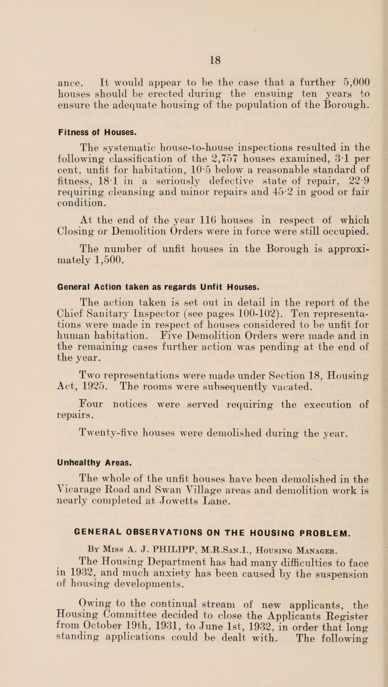 ance. It would appear to be the case that a further 5,000 houses should be erected during the ensuing ten years to ensure the adequate housing of the population of the Borough. Fitness of Houses. The systematic house-to-house inspections resulted in the following classification of the 2,757 houses examined, 3T per cent, unfit for habitation, 10-5 below a reasonable standard of fitness, 18T in a seriously defective state of repair, 22-9 requiring cleansing and minor repairs and 45-2 in good or fair condition. At the end of the year 116 houses in respect of which Closing or Demolition Orders were in force were still occupied. The number of unfit houses in the Borough is approxi¬ mately 1,500. General Action taken as regards Unfit Houses. The action taken is set out in detail in the report of the Chief Sanitary Inspector (see pages 100-102). Ten representa¬ tions were made in respect of houses considered to be unfit for human habitation. Five Demolition Orders were made and in the remaining cases further action was pending at the end of the year. Two representations were made under Section 18, Housing Act, 1925. The rooms were subsequently vacated. Four notices were served requiring the execution of repairs. Twenty-five houses were demolished during the year. Unhealthy Areas. The whole of the unfit houses have been demolished in the 4 icarage Hoad and Swan Village areas and demolition work is nearly completed at Jowetts Lane. GENERAL OBSERVATIONS ON THE HOUSING PROBLEM. By Miss A. J. PHILIPP, M.R.San.I., Housing Manager. The Housing Department has had many difficulties to face in 1932, and much anxiety has been caused by the suspension of housing developments. Owing to the continual stream of new applicants, the Housing Committee decided to close the Applicants Register from October 19th, 1931, to June 1st, 1932, in order that long standing applications could be dealt with. The following* o