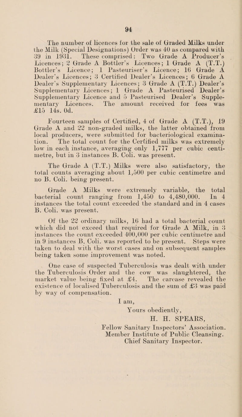 The number of licences for the sale of Graded Milks under the Milk (Special Designations) Order was 40 as compared wfitli 09 in 1931. These comprised: Two (Trade A Producer’s Licences; 2 (Trade A Bottler's Licences; 1 Grade A (T.T.) Bottler’s Licence; 1 Pasteuriser’s Licence; 16 Grade A Dealer’s Licences; 3 Certified Dealer’s Licences; 6 Grade A Dealer’s Supplementary Licences; 3 Grade A (T.T.) Dealer’s Supplementary Licences; 1 Grade A Pasteurised Dealer’s Supplementary Licence and 5 Pasteurised Dealer’s Supple¬ mentary Licences. The amount received for fees was £15 14s. Od. Fourteen samples of Certified, 4 of Grade A (T.T.), 19 Grade A and 22 non-graded milks, the latter obtained from local producers, were submitted for bacteriological examina¬ tion. The total count for the Certified milks was extremely low in each instance, averaging only 1,777 per cubic centi¬ metre, but in 3 instances B. Coli. was present. The Grade A (T.T.) Milks were also satisfactory, the total counts averaging about 1,500 per cubic centimetre and no B. Coli. being present. Grade A Milks were extremely variable, the total bacterial count ranging from 1,450 to 4,480,000. In 4 instances the total count exceeded the standard and in 4 cases B. Coli. was present. Of the 22 ordinary milks, 16 had a total bacterial count which did not exceed that required for Grade A Milk, in 3 instances the count exceeded 400,000 per cubic centimetre and in 9 instances B. Coli. was reported to be present. Steps were taken to deal with the worst cases and on subsequent samples being taken some improvement wTas noted. One case of suspected Tuberculosis was dealt with under the Tuberculosis Order and the cow was slaughtered, the market value being fixed at £4. The carcase revealed the existence of localised Tuberculosis and the sum of £3 was paid by way of compensation. I am, Yours obediently, H. H. SPEARS, Fellow Sanitary Inspectors’ Association. Member Institute of Public Cleansing. Chief Sanitary Inspector.