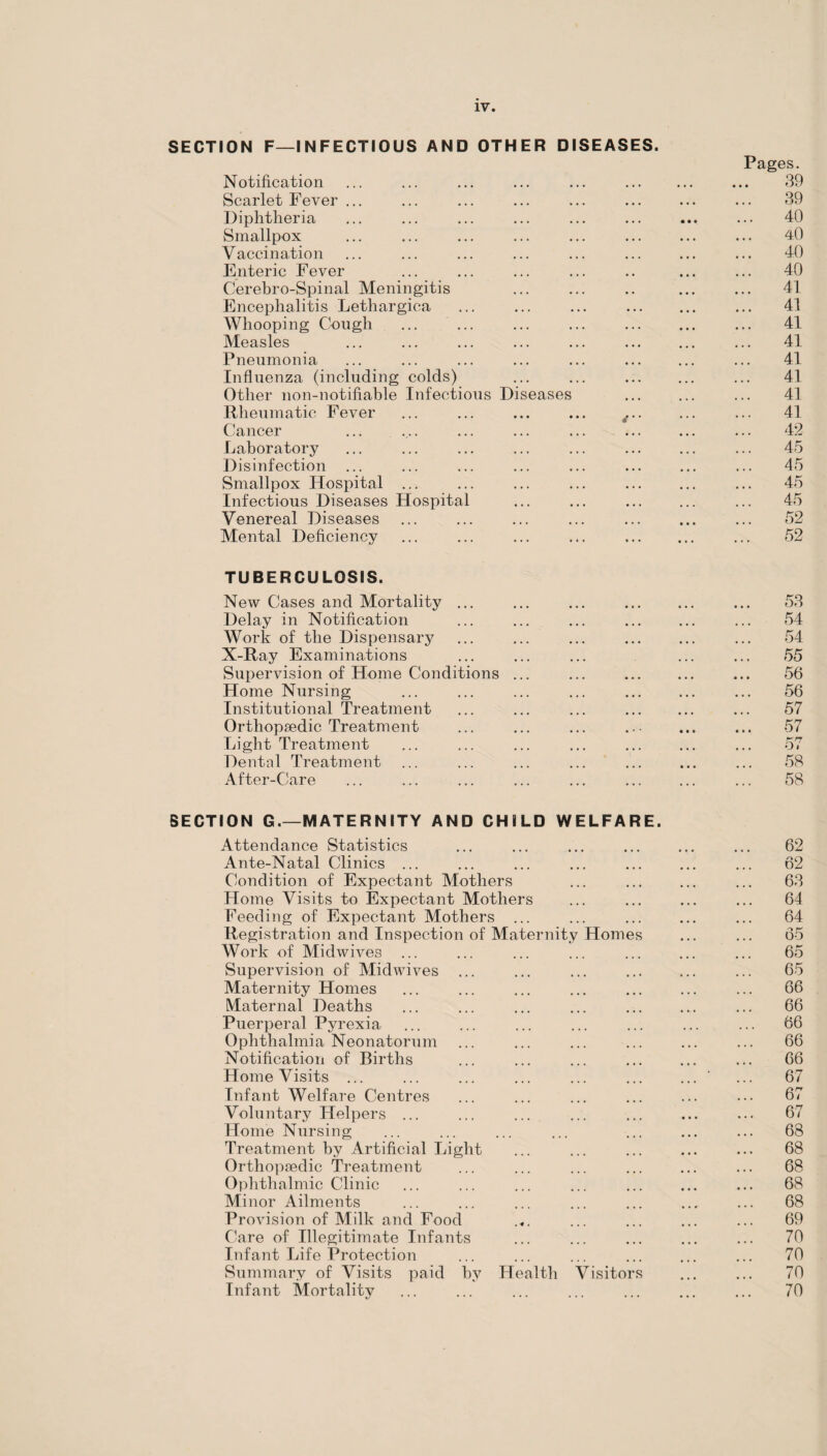 SECTION F—INFECTIOUS AND OTHER DISEASES. Notification Pages. 39 Scarlet Fever ... • • • • • • 39 Diphtheria • • • • • • 40 Smallpox ... ... 40 Vaccination ... ... 40 Enteric Fever » . • • . 40 Cerebro-Spinal Meningitis • • ... ... 41 Encephalitis Lethargica 41 Whooping Cough ... ... ... «,• 41 Measles ... ... 41 Pneumonia . ... 41 Influenza (including colds) • • • ... ... 41 Other non-notifiahle Infectious Diseases ... 41 Rheumatic Fever 41 Cancer ... ... • . • 42 Laboratory ... , , , 45 Disinfection ... 45 Smallpox Hospital ... . « , ... 45 Infectious Diseases Hospital • • • ... 45 Venereal Diseases • • • • • • 52 Mental Deficiency ... ... 52 TUBERCULOSIS. New Cases and Mortality ... ... 53 Delay in Notification ... 54 Work of the Dispensary 54 X-Ray Examinations ... 55 Supervision of Home Conditions ... 56 Home Nursing 56 Institutional Treatment ... ... 57 Orthopaedic Treatment 57 Light Treatment 57 Dental Treatment 58 After-Care ... 58 ION G,—MATERNITY AND CHILD WELFARE. Attendance Statistics 62 Ante-Natal Clinics ... 62 Condition of Expectant Mothers . ... 63 Home Visits to Expectant Mothers ... 64 Feeding of Expectant Mothers 64 Registration and Inspection of Maternity Homes 65 Work of Midwives ... 65 Supervision of Midwives 65 Maternity Homes ... 66 Maternal Deaths ... 66 Puerperal Pyrexia . 66 Ophthalmia Neonatorum 66 Notification of Births 66 Home Visits ... 67 Infant Welfare Centres 67 Voluntary Helpers ... ... • • . 67 Home Nursing ... 68 Treatment by Artificial Light 68 Orthopaedic Treatment ... 68 Ophthalmic Clinic ... 68 Minor Ailments 68 Provision of Milk and Food 69 Care of Illegitimate Infants 70 Infant Life Protection 70 Summary of Visits paid by Health Visitors 70 Infant Mortality • • • ... 70