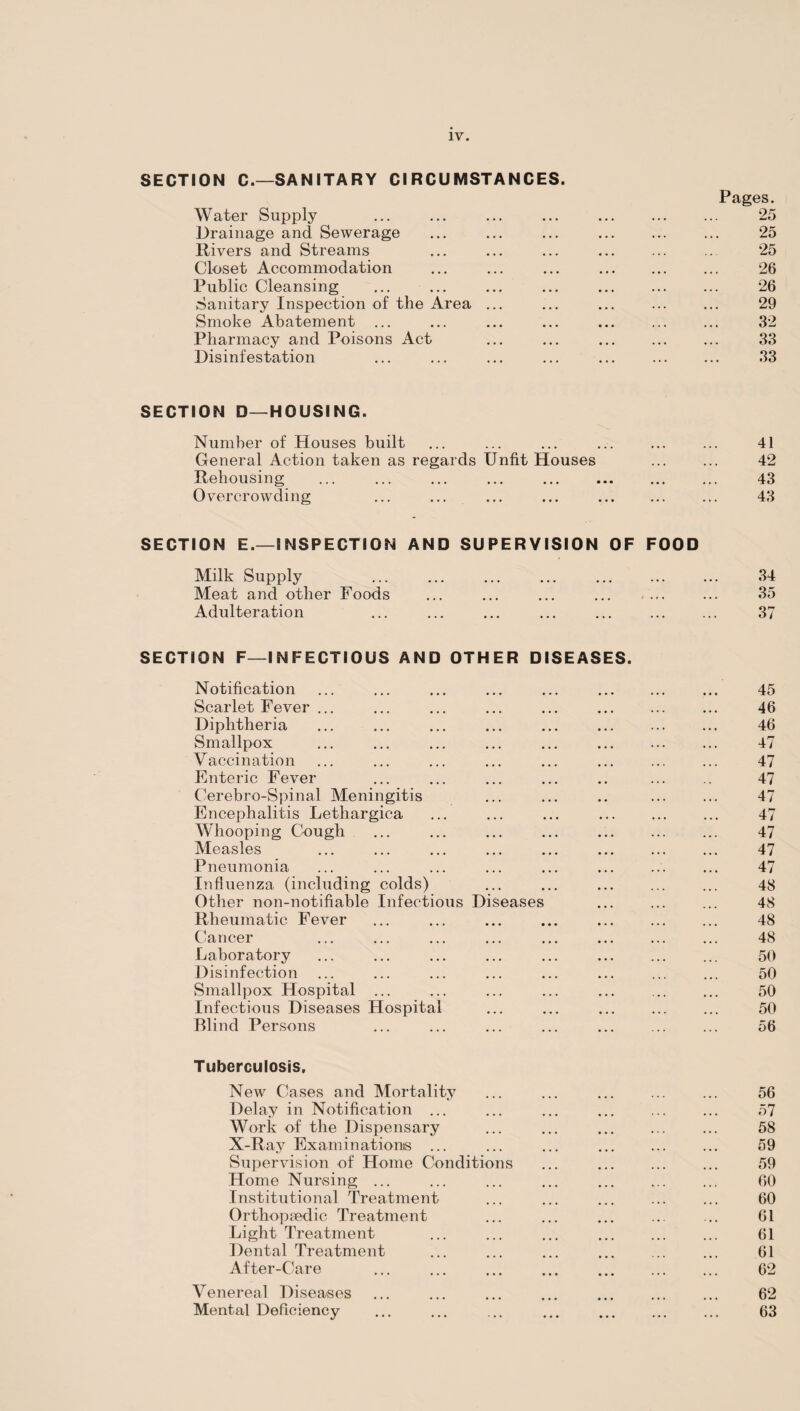 SECTION C.—SANITARY CIRCUMSTANCES. Pag6S Water Supply ... ... ... ... . 25 Drainage and Sewerage ... ... ... 25 Rivers and Streams ... ... ... 25 Closet Accommodation ... ... ... 26 Public Cleansing ... ... ... ... ... ... ... 26 Sanitary Inspection of the Area ... ... ... ... ... 29 Smoke Abatement ... ... ... ... ... ... ... 32 Pharmacy and Poisons Act ... ... ... ... ... 33 Disinfestation ... ... ... ... . 33 SECTION D—HOUSING. Number of Houses built . 41 General Action taken as regards Unfit Houses . 42 Rehousing ... ... ... ... . . 43 Overcrowding ... 43 SECTION E.—INSPECTION AND SUPERVISION OF FOOD Milk Supply 34 Meat and other Foods , ... 35 Adulteration ... 37 SECTION F—INFECTIOUS AND OTHER DISEASES. Notification 45 Scarlet Fever ... 46 Diphtheria 46 Smallpox 47 Vaccination 47 Enteric Fever 47 Cerebro-Spinal Meningitis 47 Encephalitis Lethargica 47 Whooping Cough 47 Measles 47 Pneumonia 47 Influenza (including colds) 48 Other non-notifiable Infectious Diseases 48 Rheumatic Fever 48 Cancer 48 Laboratory 50 Disinfection ... 50 Smallpox Hospital ... 50 Infectious Diseases Hospital 50 Blind Persons 56 Tuberculosis. New Cases and Mortality 56 Delay in Notification ... 57 Work of the Dispensary 58 X-Ray Examinations ... 59 Supervision of Home Conditions 59 Home Nursing ... 60 Institutional Treatment 60 Orthopaedic Treatment 61 Light Treatment 61 Dental Treatment 61 After-Care 62 Venereal Diseases 62 Mental Deficiency 63