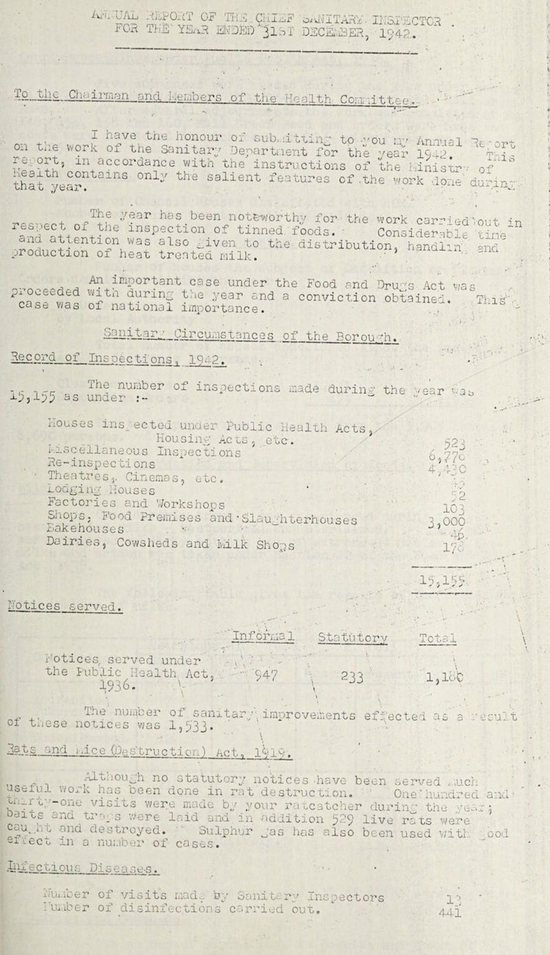 iu'i, JAL AFPOdT OF THJS . CHIEF SALUTARY. IliSPHCTCR POP THE YS/iH Eh'DED 'ilST DECS/iSER, 1942.. '^Q-MlY.-CilQinilon^ona members of the Health Committee^ • •• • r  ~ t * , J- ^3.ve ^he honour 01 submitting to •■,,bu rr-r Annual if - on tne work 01 the Sanitary Department for the year 1542. tm id-'Ort, in accordance with the instructions of the Finisur- Sat yea?? 0nly the Salient Matures <* -the work St dSiar year has been note-worthy for the work carpi' ed;out ii at ?HStthe lnSPe?tion.of tinned foods. Considerable Tine und attention was also -iven to the distribution, handleu pnd' production of heat treated milk. 3  . , ^ important case under the Food and Dru^s Act was proceeded witn during the year and a conviction obtained. TV>iS':- case was of national importance. iLl~ - * 4 • H * \ .. ( • i • And it my circumstances of the Borou h. Record of Inspections, 1912. - - ^ number of inspections made durinm the 'ear •■-ub ±9jlp5 as under w y douses ins_ ected under Public Health Acts,.- Housing ActSj etc. Miscellaneous Inspections Re-inspections ■ Theatres,. Cinemas, etc. Lodging Houses Factories and Workshops Shops. Food Premises and•Slaughterhouses Fake houses . Dairies, Cowsheds and IviLlk Shoos 5?-3 6, 4 / 43 c 45 V 52 103 5 j 3 000 - 4$. 173 153 ( U> \ notices served. Informs 1 Statutory Total notices, served under the Public Health Act 1936. V m 233 1, ibe ua nicer of sanitary; improvements effected as a resu’; t oi tnese notices was 1,533. ' , 1 3ats__and nice (Destruction) Act, 1919. Aln.iou^h no statutory notices-have been served much asemil work has been done in rat destruction. One‘hundred -one visits were made by your ratcatcher durin- the '-e:m oar cs and traps ’Fere laid and in addition 529 live raus were cau..iiu and destroyed.  Sulphur ^'as has also been used v/itl 91l-ect in a number of cases. .Ihtgctious Diseases. -. . and ’ 9 ood Humber ox visits made by Sanitary Inspectors Humber of disinfections carried out. 13 441