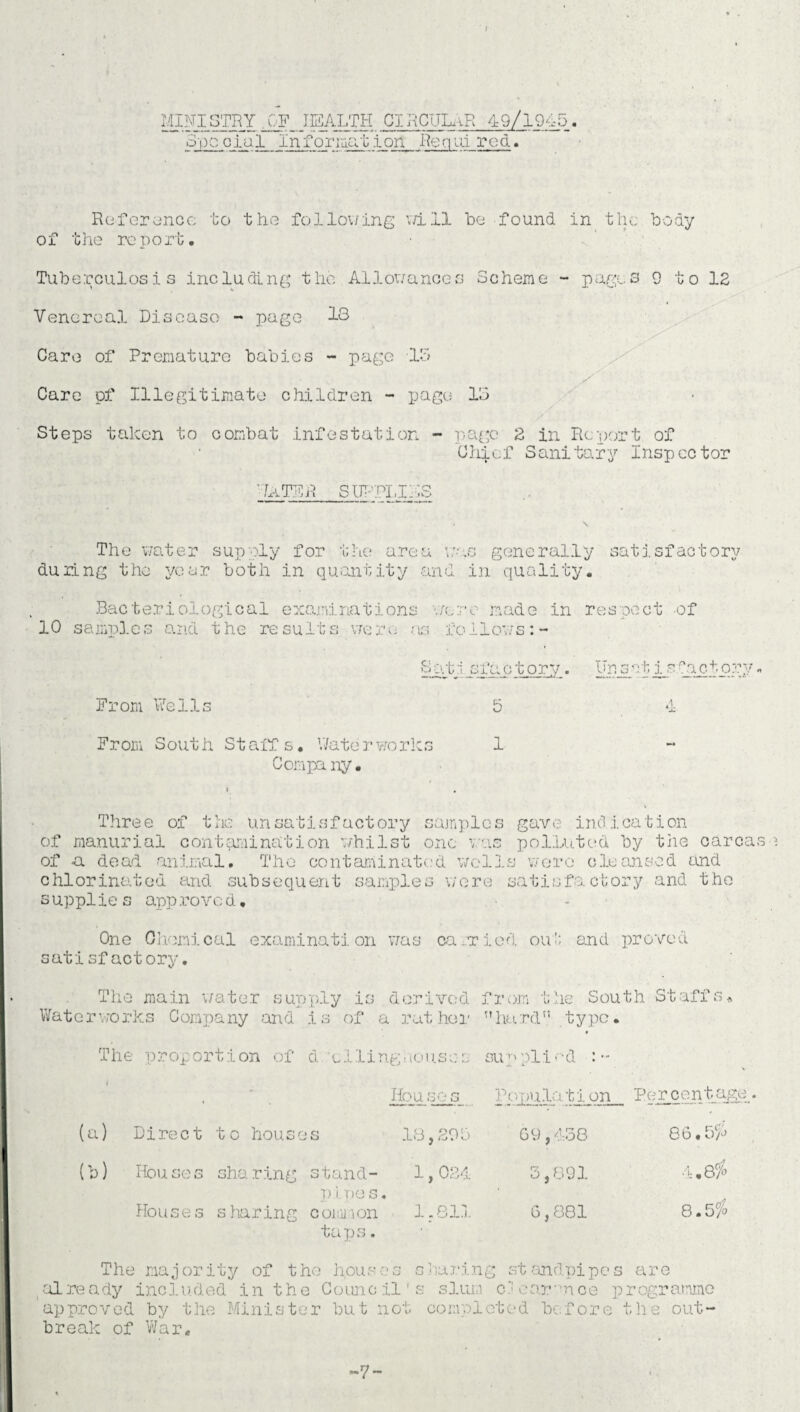 MINXJSTRY A^JEALTH CIRCULAR 49/1945. 3'pccj.al Information Required. Reference to the following /ill be found in the body of the report. Tuberculosis including the. Allowances Scheme - pages 9 to 12 Venereal Disease - page 18 Care of Premature babies - page IS Care pf Illegitimate children - page 18 Steps taken to combat infestation - page 2 in Report of Chief Sanitary Inspector oUTER SURPLUS The water supply for the area was generally satisfactory during the year both in quantity and in quality. Bacteriological examinations v/ere made in respect of 10 samples and the results were as fcliows:- From Wells Sati sfac tory. Ur.spt ip factory 5 4 From South Staffs, Water work; Company. 1 Three of the unsatisfactory samples gave indication of manurial contamination whilst one was polluted by the carcas > of a dead animal. The contaminated wells were cleansed and chlorinated and subsequent samples were satisfactory and the s upplie s app rove d, One Chemical examination was carried out and proved satisfactory. The main water s Ui oply is d cr ived : from t he South Staffs. Water vror. ks Company and is of a rat hoi' hard .type • The proportion o f d elli rigtio uses SU’ > pli ed : - I Hou SOS Pc ml otJ._o_n Percentage: (a) Direct to hou S' es 13 y Cj «_• 69, 438 86.5i;:> (b) Houses sharing stand- 1 Oo/ y f*7 a, 891 4.8$ p ipe s « Houses sharin Cr to common ]. .811 0j 881 8.5$ taps. The majority of the hour- 0 3 G bar in g standpipe s are al re a dy included in th e Counc il1 s slum c!! e ar pn ce programme approved by the Minis t er but : not com ;ol etc •d b of or e the out- break of War, ~7-