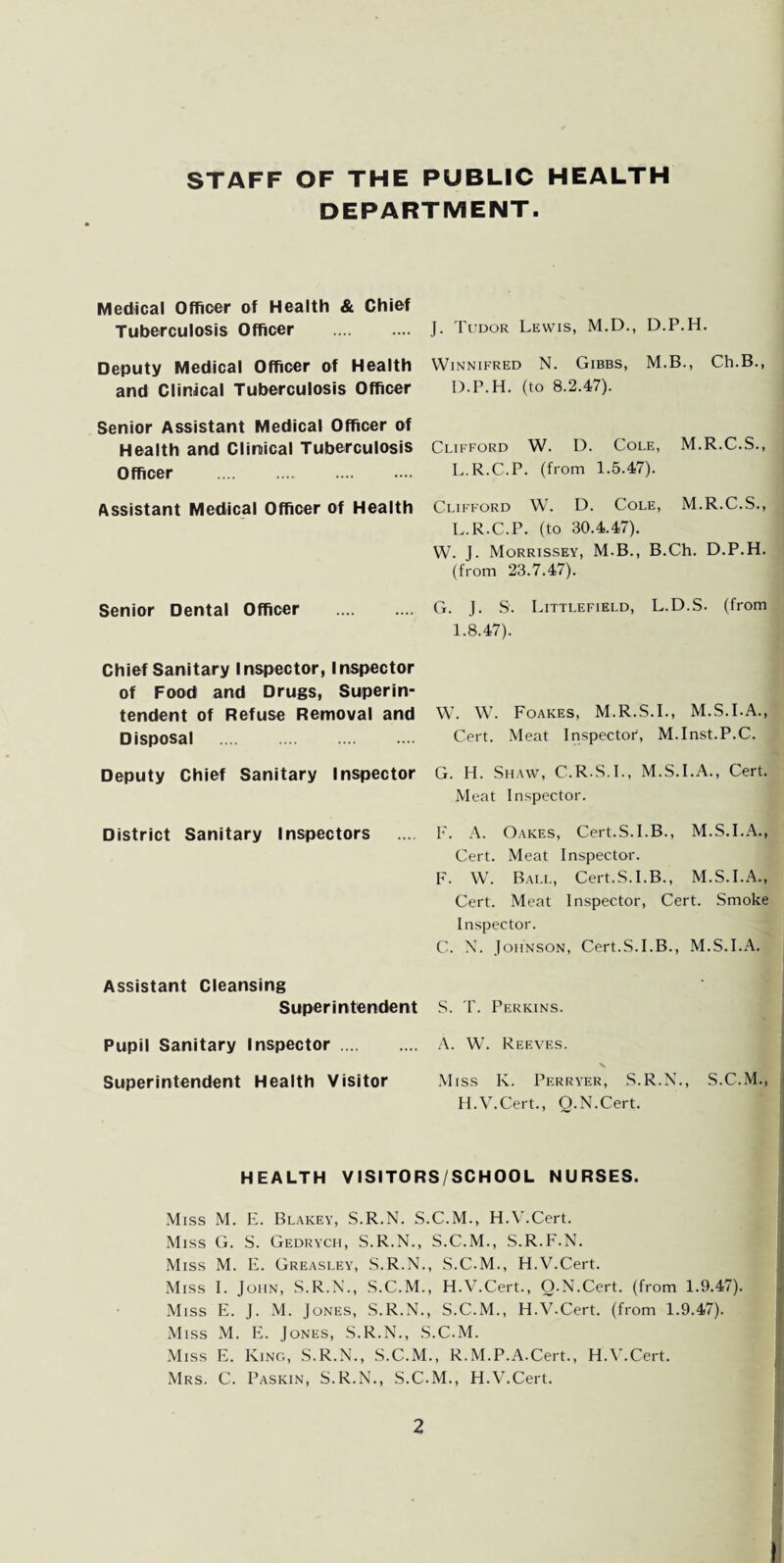 STAFF OF THE PUBLIC HEALTH DEPARTMENT. Medical Officer of Health & Chief Tuberculosis Officer . Deputy Medical Officer of Health and Clinical Tuberculosis Officer Senior Assistant Medical Officer of Health and Clinical Tuberculosis Officer . Assistant Medical Officer of Health Senior Dental Officer . Chief Sanitary Inspector, Inspector of Food and Drugs, Superin¬ tendent of Refuse Removal and Disposal . Deputy Chief Sanitary Inspector District Sanitary Inspectors Assistant Cleansing Superintendent Pupil Sanitary Inspector. Superintendent Health Visitor J. Tudor Lewis, M.D., D.P.H. Winnifred N. Gibbs, M.B., Ch.B., D.P.H. (to 8.2.47). Clifford W. D. Cole, M.R.C.S., L.R.C.P. (from 1.5.47). Clifford W. D. Cole, M.R.C.S., L.R.C.P. (to 30.4.47). W. J. Morrissey, M.B., B.Ch. D.P.H. (from 23.7.47). G. J. S. Littlefield, L.D.S. (from 1.8.47). W. W. Foakes, M.R.S.I., M.S.I.A., Cert. Meat Inspector, M.Inst.P.C. G. H. Shaw, C.R.S.I., M.S.I.A., Cert. Meat Inspector. F. A. Oakes, Cert.S.I.B., M.S.I.A., Cert. Meat Inspector. F. W. Ball, Cert.S.I.B., M.S.I.A., Cert. Meat Inspector, Cert. Smoke Inspector. C. N. Johnson, Cert.S.I.B., M.S.I.A. S. T. Perkins. A. W. Reeves. Miss K. Perryer, S.R.N., S.C.M., H.V.Cert., Q.N.Cert. HEALTH VISITORS/SCHOOL NURSES. Miss M. E. Blakey, S.R.N. S.C.M., H.V.Cert. Miss G. S. Gedrych, S.R.N., S.C.M., S.R.F.N. Miss M. E. Greasley, S.R.N., S.C.M., H.V.Cert. Miss I. John, S.R.N., S.C.M., H.V.Cert., O.N.Cert. (from 1.9.47). Miss E. J. M. Jones, S.R.N., S.C.M., H.V.Cert. (from 1.9.47). Miss M. E. Jones, S.R.N., S.C.M. Miss E. King, S.R.N., S.C.M., R.M.P.A.Cert., H.V.Cert. Mrs. C. Paskin, S.R.N., S.C.M., H.V.Cert.