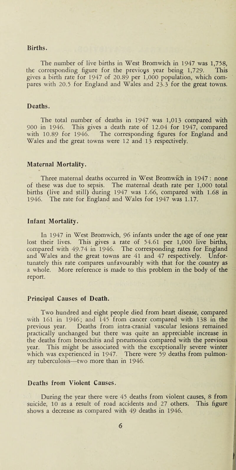 Births. The number of live births in West Bromwich in 1947 was 1,758, the corresponding figure for the previous year being 1,729- This gives a birth rate for 1947 of 20.89 per 1,000 population, which com¬ pares with 20.5 for England and Wales and 23-3 for the great towns. Deaths. The total number of deaths in 1947 was 1,013 compared with 900 in 1946. This gives a death rate of 12.04 for 1947, compared with 10.89 for 1946. The corresponding figures for England and Wales and the great towns were 12 and 13 respectively. Maternal Mortality. Three maternal deaths occurred in West Bromwich in 1947 : none of these was due to sepsis. The maternal death rate per 1,000 total births (live and still) during 1947 was 1.66, compared with 1.68 in 1946. The rate for England and Wales for 1947 was 1.17. Infant Mortality. In 1947 in West Bromwich, 96 infants under the age of one year lost their lives. This gives a rate of 54.61 per 1,000 live births, compared with 49.74 in 1946. The corresponding rates for England and Wales and the great towns are 41 and 47 respectively. Unfor¬ tunately this rate compares unfavourably with that for the country as a whole. More reference is made to this problem in the body of the report. Principal Causes of Death. Two hundred and eight people died from heart disease, compared with 161 in 1946; and 145 from cancer compared with 138 in the previous year. Deaths from intra-cranial vascular lesions remained practically unchanged but there was quite an appreciable increase in the deaths from bronchitis and pneumonia compared with the previous year. This might be associated with the exceptionally severe winter which was experienced in 1947. There were 59 deaths from pulmon¬ ary tuberculosis—two more than in 1946. Deaths from Violent Causes. During the year there were 45 deaths from violent causes, 8 from suicide, 10 as a result of road accidents and 27 others. This figure shows a decrease as compared with 49 deaths in 1946.