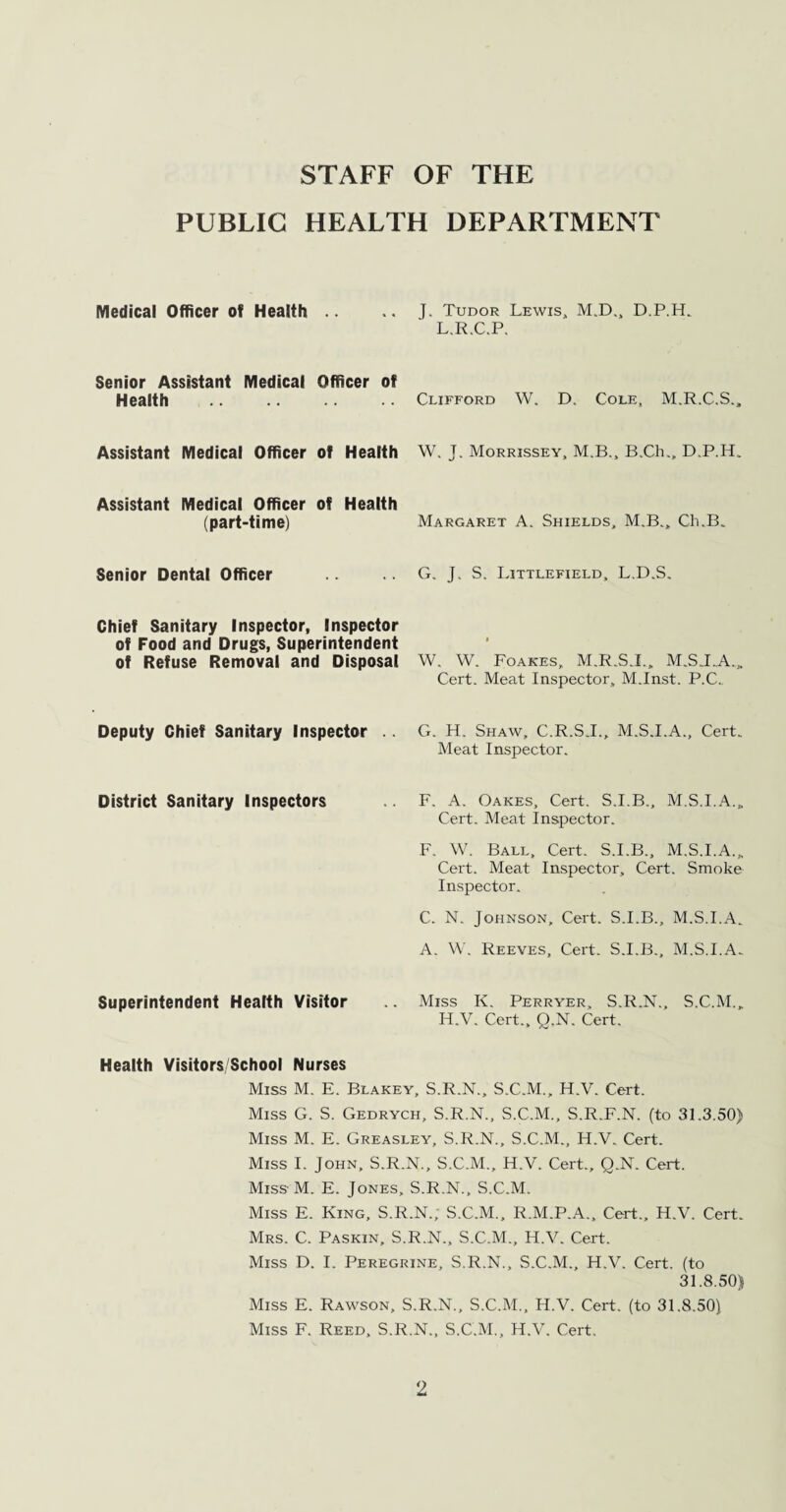 STAFF OF THE PUBLIC HEALTH DEPARTMENT Medical Officer of Health Senior Assistant Medical Officer of Health . Assistant Medical Officer of Health Assistant Medical Officer of Health (part-time) Senior Dental Officer Chief Sanitary Inspector, Inspector of Food and Drugs, Superintendent of Refuse Removal and Disposal Deputy Chief Sanitary Inspector . District Sanitary Inspectors Superintendent Health Visitor Health Visitors/School Nurses J. Tudor Lewis, M.D., D.P.H, L.R.C.P. Clifford W. D. Cole, M.R.C.S., W. J. Morrissey, M.B., B.Ch., D.P.H. Margaret A. Shields, M.B., Cli.B. G. J. S. Littlefield, L.D.S. W. W. Foakes, M.R.S.I., M.S.I..A.„ Cert. Meat Inspector, M.Inst. P.C. G. H. Shaw, C.R.S.I., M.S.I.A., Cert. Meat Inspector. F. A. Oakes, Cert. S.I.B., M.S.I.A., Cert. Meat Inspector. F. W. Ball, Cert. S.I.B., M.S.I.A.„ Cert. Meat Inspector, Cert. Smoke Inspector. C. N. Johnson, Cert. S.I.B., M.S.I.A. A. W. Reeves, Cert. S.I.B., M.S.I.A. Miss K. Perryer, S.R.N., S.C.M., H.V. Cert., Q.N. Cert. Miss M. E. Blakey, S.R.N., S.C.M., H.V. Cert. Miss G. S. Gedrych, S.R.N., S.C.M., S.R.F.N. (to 31.3.50) Miss M. E. Greasley, S.R.N., S.C.M., H.V. Cert. Miss I. John, S.R.N., S.C.M., H.V. Cert., Q.N. Cert. Miss M. E. Jones, S.R.N., S.C.M. Miss E. King, S.R.N.; S.C.M., R.M.P.A., Cert., H.V. Cert. Mrs. C. Paskin, S.R.N., S.C.M., H.V. Cert. Miss D. I. Peregrine, S.R.N., S.C.M., H.V. Cert, (to 31.8.50) Miss E. Rawson, S.R.N., S.C.M., H.V. Cert, (to 31.8.50) Miss F. Reed, S.R.N., S.C.M., H.V. Cert,