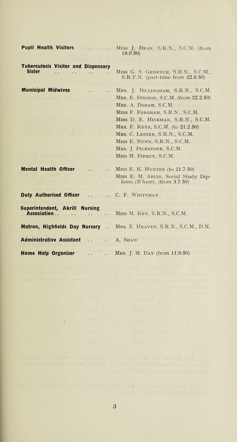 Pupil Health Visitors Tuberculosis Visitor and Dispensary Sister . Municipal Midwives Mental Health Officer Duly Authorised Officer Superintendent, Akrill Nursing Association. Matron, Highfields Day Nursery .. Administrative Assistant Home Help Organiser Miss j. Dean, S.R.N., S.C.M. (from 18.9.50) Miss G. S. Gedrych, S.R.N., S.C.M., S.R.F.N. (part-time from 22.8.50) Mrs. J. Dillingham, S.R.N., S.C.M. Mrs. E. Dodson, S.C.M. (from 22.2.50) Mrs. A. Doram, S.C.M. Miss F. Forgham, S.R.N., S.C.M. Miss D. E. Hickman, S.R.N., S.C.M. Mrs. F. Keys, S.C.M. (to 21.2.50) Mrs. C. Lester, S.R.N., S.C.M. Miss E. Nunn, S.R.N., S.C.M. Mrs. J. Pickstone, S.C.M. Miss M. Piercy, S.C.M. Miss E. K. Hunter (to 21.7.50) Miss E. M. Aplin, Social Study Dip¬ loma (B’ham), (from 3.7.50) C. F. Whiteman Miss M. Key, S.R.N., S.C.M. Mrs. E. Heaven, S.R.N., S.C.M., D.N. A. Shaw Mrs. J. M. Day (from 11.9.50)