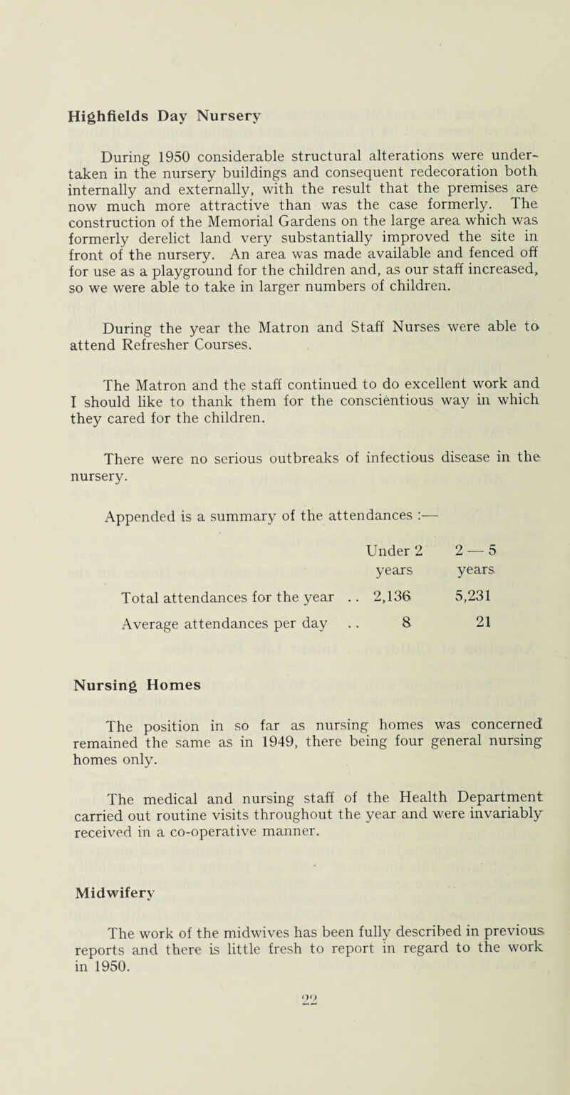 Highfields Day Nursery During 1950 considerable structural alterations were under¬ taken in the nursery buildings and consequent redecoration both internally and externally, with the result that the premises are now much more attractive than was the case formerly. The construction of the Memorial Gardens on the large area which was formerly derelict land very substantially improved the site in front of the nursery. An area was made available and fenced off for use as a playground for the children and, as our staff increased, so we were able to take in larger numbers of children. During the year the Matron and Staff Nurses were able to attend Refresher Courses. The Matron and the staff continued to do excellent work and I should like to thank them for the conscientious way in which they cared for the children. There were no serious outbreaks of infectious disease in the nursery. Appended is a summary of the attendances Under 2 years Total attendances for the year .. 2,136 Average attendances per day .. 8 Nursing Homes The position in so far as nursing homes was concerned remained the same as in 1949, there being four general nursing homes only. The medical and nursing staff of the Health Department carried out routine visits throughout the year and were invariably received in a co-operative manner. 2 — 5 years 5,231 21 Midwifery The work of the midwives has been fully described in previous reports and there is little fresh to report in regard to the work in 1950.