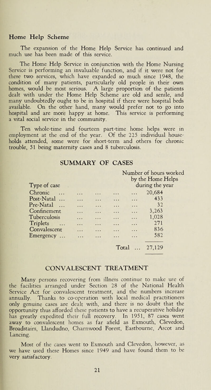 Home Help Scheme The expansion of the Home Help Service has continued and much use has been made of this service. The Home Help Service in conjunction with the Home Nursing Service is performing an invaluable function, and if it were not for these two services, which have expanded so much since 1948, the condition of many patients, particularly old people in their own homes, would be most serious. A large proportion of the patients dealt with under the Home Help Scheme are old and senile, and many undoubtedly ought to be in hospital if there were hospital beds available. On the other hand, many would prefer not to go into hospital and are more happy at home. This service is performing a vital social service in the community. Ten whole-time and fourteen part-time home helps were in employment at the end of the year. Of the 225 individual house¬ holds attended, some were for short-term and others for chronic trouble, 51 being maternity cases and 8 tuberculosis. SUMMARY OF CASES Type of case Chronic Post-Natal ... Pre-Natal ... Confinement Tuberculosis Triplets Convalescent Emergency ... Number of hours worked by the Home Helps during the year .. 20,684 433 32 3,263 1,028 271 836 582 Total ... 27,129 CONVALESCENT TREATMENT Many persons recovering from illness continue to make use of the facilities arranged under Section 28 of the National Health Service Act for convalescent treatment, and the numbers increase annually. Thanks to co-operation with local medical practitioners only genuine cases are dealt with, and there is no doubt that the opportunity thus aiforded these patients to have a recuperative holiday has greatly expedited their full recovery. In 1951, 87 cases went away to convalescent homes as far afield as Exmouth, Clevedon, Broadstairs, Llandudno, Charnwood Forest, Eastbourne, Ascot and Lancing. Most of the cases went to Exmouth and Clevedon, however, as we have used these Homes since 1949 and have found them to be very satisfactory.