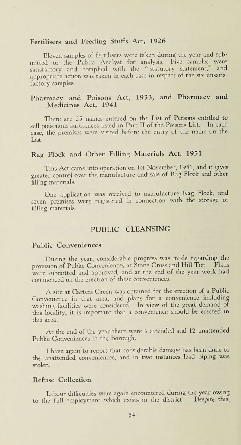 Fertilisers and Feeding Stuffs Act, 1926 Eleven samples of fertilisers were taken during the year and sub' mitted to the Public Analyst for analysis. Five samples were satisfactory and complied with the “ statutory statement,” and appropriate action was taken in each case in respect of the six unsatiS' factory samples. Pharmacy and Poisons Act, 1933, and Pharmacy and Medicines Act, 1941 There are 55 names entered on the List of Persons entitled to sell poisonous substances listed in Part II of the Poisons List. In each case, the premises were visited before the entry of the name on the List. Rag Flock and Other Filling Materials Act, 1951 This Act came into operation on 1st November, 1951, and it gives greater control over the manufacture and sale of Rag Flock and other filling materials. One application was received to manufacture Rag Flock, and seven premises were registered in connection with the storage of filling materials. PUBLIC CLEANSING Public Conveniences During the year, considerable progress was made regarding the provision of Public Conveniences at Stone Cross and Hill Top. Plans were submitted and approved, and at the end of the year work had commenced on the erection of these conveniences. A site at Carters Green was obtained for the erection of a Public Convenience in that area, and plans for a convenience including washing facilities were considered. In view of the great demand of this locality, it is important that a convenience should be erected in this area. At the end of the year there were 3 attended and 12 unattended Public Conveniences in the Borough. I have again to report that considerable damage has been done to the unattended conveniences, and in two instances lead piping was stolen. Refuse Collection Labour difficulties were again encountered during the year owing to the full employment which exists in the district. Despite this,