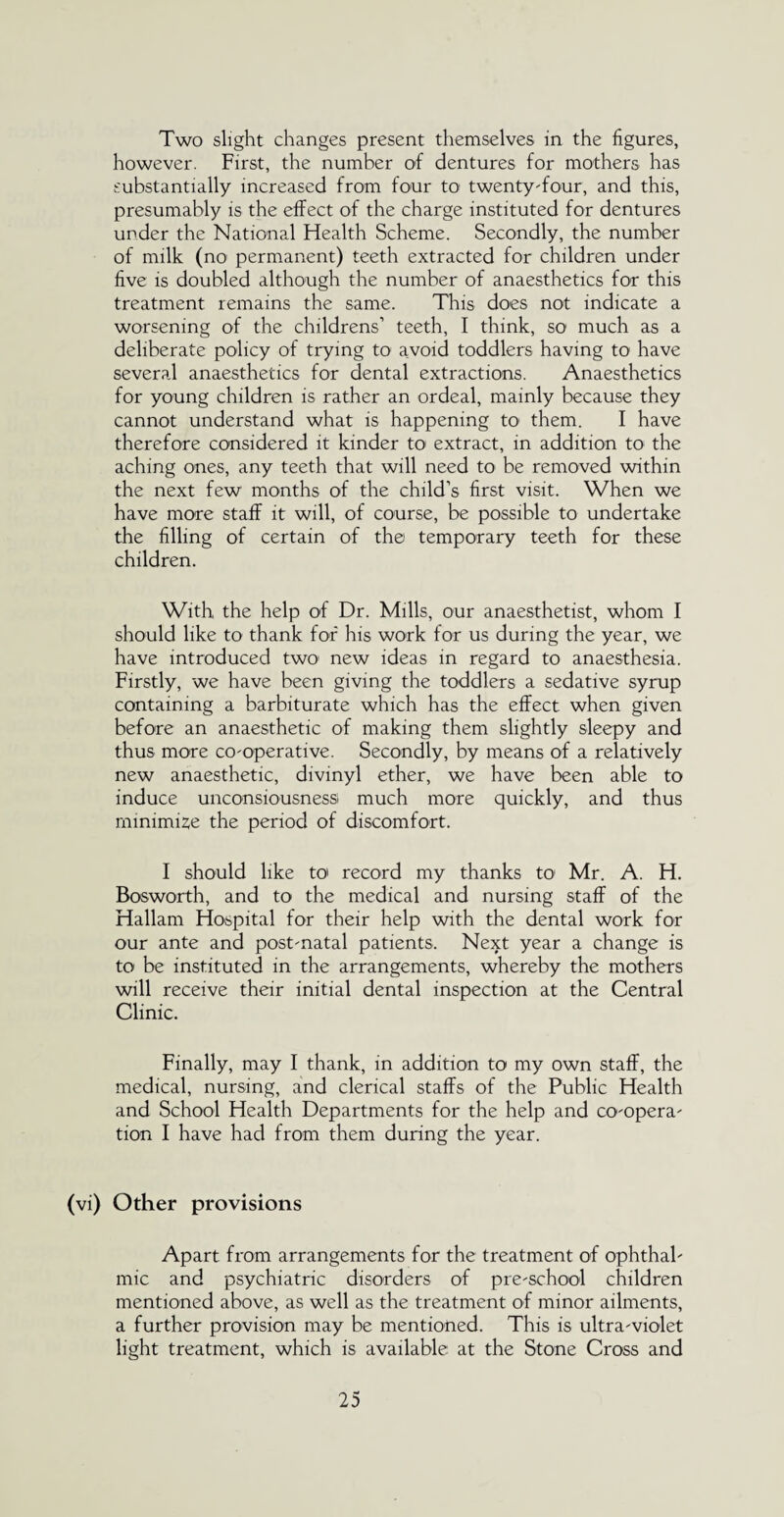 Two slight changes present themselves in the figures, however. First, the number of dentures for mothers has substantially increased from four to twenty-four, and this, presumably is the effect of the charge instituted for dentures under the National Ffealth Scheme. Secondly, the number of milk (no permanent) teeth extracted for children under five is doubled although the number of anaesthetics for this treatment remains the same. This does not indicate a worsening of the childrens’ teeth, I think, so much as a deliberate policy of trying to1 avoid toddlers having to have several anaesthetics for dental extractions. Anaesthetics for young children is rather an ordeal, mainly because they cannot understand what is happening to* them. I have therefore considered it kinder to extract, in addition to the aching ones, any teeth that will need to be removed within the next few months of the child’s first visit. When we have more staff it will, of course, be possible to undertake the filling of certain of the temporary teeth for these children. With the help of Dr. Mills, our anaesthetist, whom I should like to thank for' his work for us during the year, we have introduced two1 new ideas in regard to anaesthesia. Firstly, we have been giving the toddlers a sedative syrup containing a barbiturate which has the effect when given before an anaesthetic of making them slightly sleepy and thus more co-operative. Secondly, by means of a relatively new anaesthetic, divinyl ether, we have been able to induce unconsiousnessi much more quickly, and thus minimize the period of discomfort. I should like to record my thanks to Mr. A. H. Boswo-rth, and to the medical and nursing staff of the Hallam Hospital for their help with the dental work for our ante and post-natal patients. Next year a change is to be instituted in the arrangements, whereby the mothers will receive their initial dental inspection at the Central Clinic. Finally, may I thank, in addition to my own staff, the medical, nursing, and clerical staffs of the Public Health and School Health Departments for the help and co-opera¬ tion I have had from them during the year. (vi) Other provisions Apart from arrangements for the treatment of ophthal¬ mic and psychiatric disorders of pre-school children mentioned above, as well as the treatment of minor ailments, a further provision may be mentioned. This is ultra-violet light treatment, which is available at the Stone Cross and
