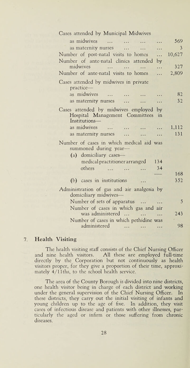 Cases attended by Municipal Midwives as midwives . . . 569 as maternity nurses . . . 3 Number of post-natal visits to homes • • . 10,627 Number of ante-natal clinics attended by midwives 327 Number of ante-natal visits to homes Cases attended by midwives in private practice— 2,809 as midwives . . . 82 as maternity nurses ... 32 Cases attended by midwives employed by Hospital Management Committees Institutions— in as midwives . . . 1,112 as maternity nurses ... 131 Number of cases in which medical aid summoned during year— (a) domiciliary cases— was medical practitioner arranged 134 others 34 168 (b) cases in institutions 352 Administration of gas and air analgesia by domiciliary midwives— Number of sets of apparatus ... ... 5 Number of cases in which gas and air was administered ... ... ... 243 Number of cases in which pethidine was administered ... ... ... 98 7. Health Visiting The health visiting staff consists of the Chief Nursing Officer and nine health visitors. All these are employed full-time directly by the Corporation but not continuously as health visitors proper, for they give a proportion of their time, approxi¬ mately 4/llths, to the school health service. The area of the County Borough is divided into nine districts, one health visitor being in charge of each district and working under the general supervision of the Chief Nursing Officer. In these districts, they carry out the initial visiting of infants and young children up to’ the age of five. In addition, they visit cases of infectious disease and patients with other illnesses, par¬ ticularly the aged or infirm or those suffering from chronic diseases.