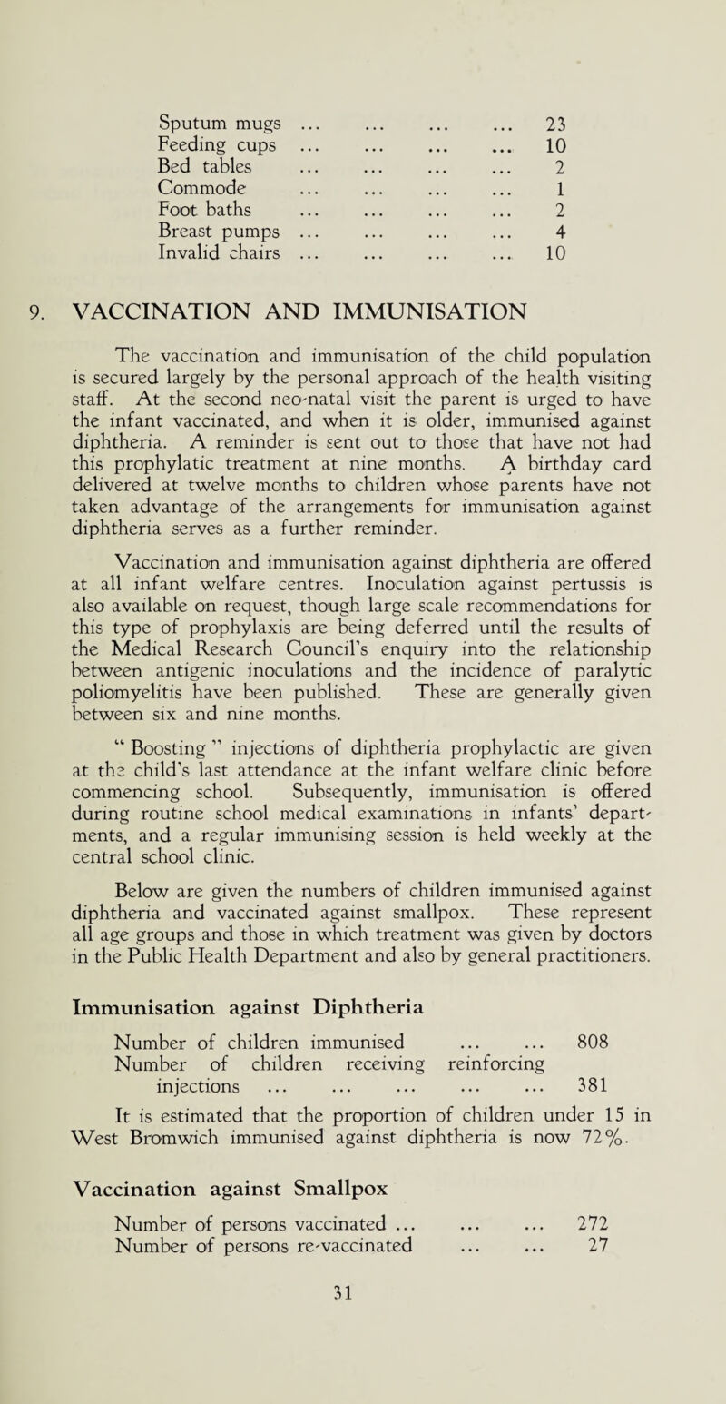 Sputum mugs Feeding cups Bed tables Commode Foot baths Breast pumps Invalid chairs 23 10 2 1 2 4 10 VACCINATION AND IMMUNISATION The vaccination and immunisation of the child population is secured largely by the personal approach of the health visiting staff. At the second neo-natal visit the parent is urged to have the infant vaccinated, and when it is older, immunised against diphtheria. A reminder is sent out to those that have not had this prophylatic treatment at nine months. A birthday card delivered at twelve months to children whose parents have not taken advantage of the arrangements for immunisation against diphtheria serves as a further reminder. Vaccination and immunisation against diphtheria are offered at all infant welfare centres. Inoculation against pertussis is also available on request, though large scale recommendations for this type of prophylaxis are being deferred until the results of the Medical Research Council’s enquiry into the relationship between antigenic inoculations and the incidence of paralytic poliomyelitis have been published. These are generally given between six and nine months. “ Boosting ” injections of diphtheria prophylactic are given at the child’s last attendance at the infant welfare clinic before commencing school. Subsequently, immunisation is offered during routine school medical examinations in infants’ depart¬ ments, and a regular immunising session is held weekly at the central school clinic. Below are given the numbers of children immunised against diphtheria and vaccinated against smallpox. These represent all age groups and those in which treatment was given by doctors in the Public Health Department and also by general practitioners. Immunisation against Diphtheria Number of children immunised ... ... 808 Number of children receiving reinforcing injections ... ... ... ... ... 381 It is estimated that the proportion of children under 15 in West Bromwich immunised against diphtheria is now 72%. Vaccination against Smallpox Number of persons vaccinated ... Number of persons re-vaccinated 272 27