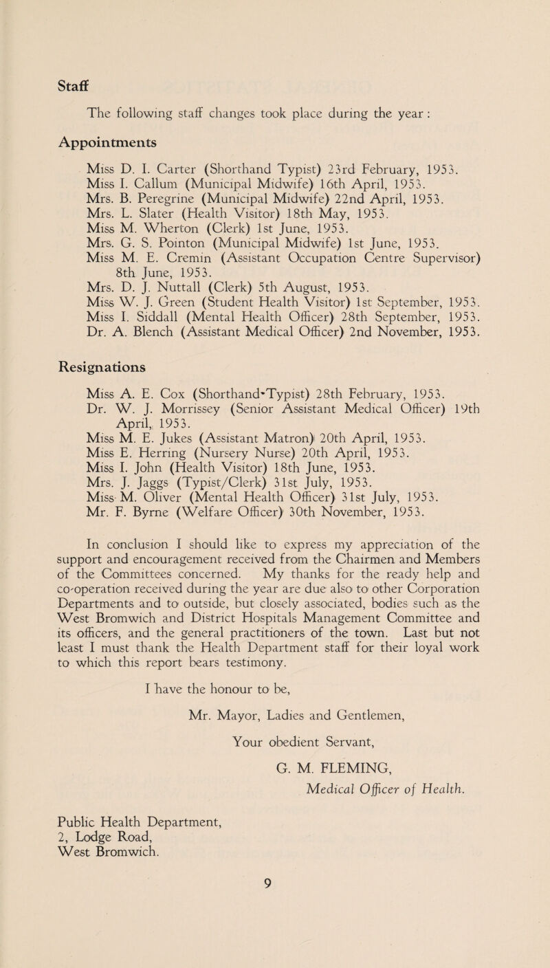 Staff The following staff changes took place during the year : Appointments Miss D. I. Carter (Shorthand Typist) 23rd February, 1953. Miss I. Callum (Municipal Midwife) 16th April, 1953. Mrs. B. Peregrine (Municipal Midwife) 22nd April, 1953. Mrs. L. Slater (Health Visitor) 18th May, 1953. Miss M. Wherton (Clerk) 1st June, 1953. Mrs. G. S. Pomton (Municipal Midwife) 1st June, 1953. Miss M. E. Cremm (Assistant Occupation Centre Supervisor) 8th June, 1953. Mrs. D. J. Nuttall (Clerk) 5th August, 1953. Miss W. J. Green (Student Health Visitor) 1st September, 1953. Miss I. Siddall (Mental Health Officer) 28th September, 1953. Dr. A. Blench (Assistant Medical Officer) 2nd November, 1953. Resignations Miss A. E. Cox (Shorthand'Typist) 28th February, 1953. Dr. W. J. Morrissey (Senior Assistant Medical Officer) 19th April,, 1953. Miss M. E. Jukes (Assistant Matron) 20th April, 1953. Miss E. Herring (Nursery Nurse) 20th April, 1953. Miss E John (Health Visitor) 18th June, 1953. Mrs. J. Jaggs (Typist/Clerk) 31st July, 1953. Miss-M. Oliver (Mental Health Officer) 31st July, 1953. Mr. F. Byrne (Welfare Officer) 30th November, 1953. In conclusion I should like to express my appreciation of the support and encouragement received from the Chairmen and Members of the Committees concerned. My thanks for the ready help and co-operation received during the year are due also to other Corporation Departments and to outside, but closely associated, bodies such as the West Bromwich and District Hospitals Management Committee and its officers, and the general practitioners of the town. Last but not least I must thank the Health Department staff for their loyal work to which this report bears testimony. I have the honour to be, Mr. Mayor, Ladies and Gentlemen, Your obedient Servant, G. M. FLEMING, Medical Officer of Health. Public Health Department, 2, Lodge Road, West Bromwich.
